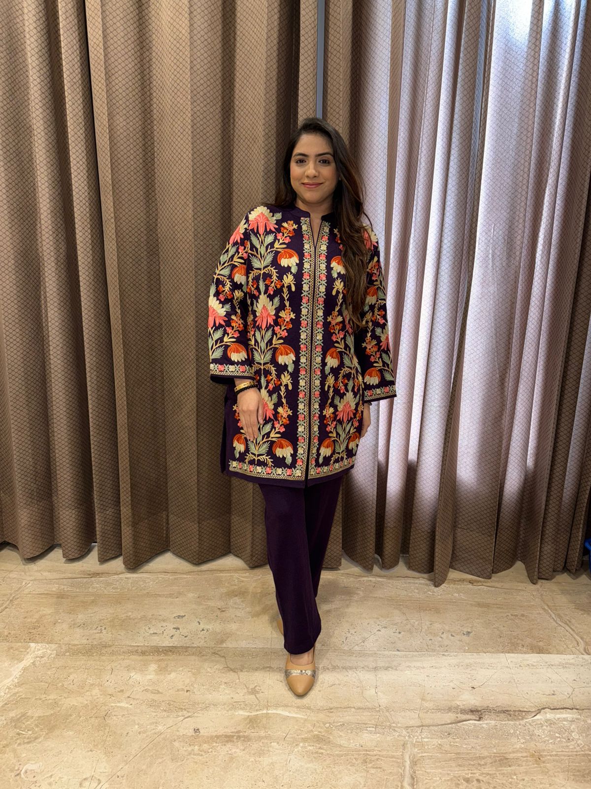 Wine Kashmiri Kadai Kurta Pant Set