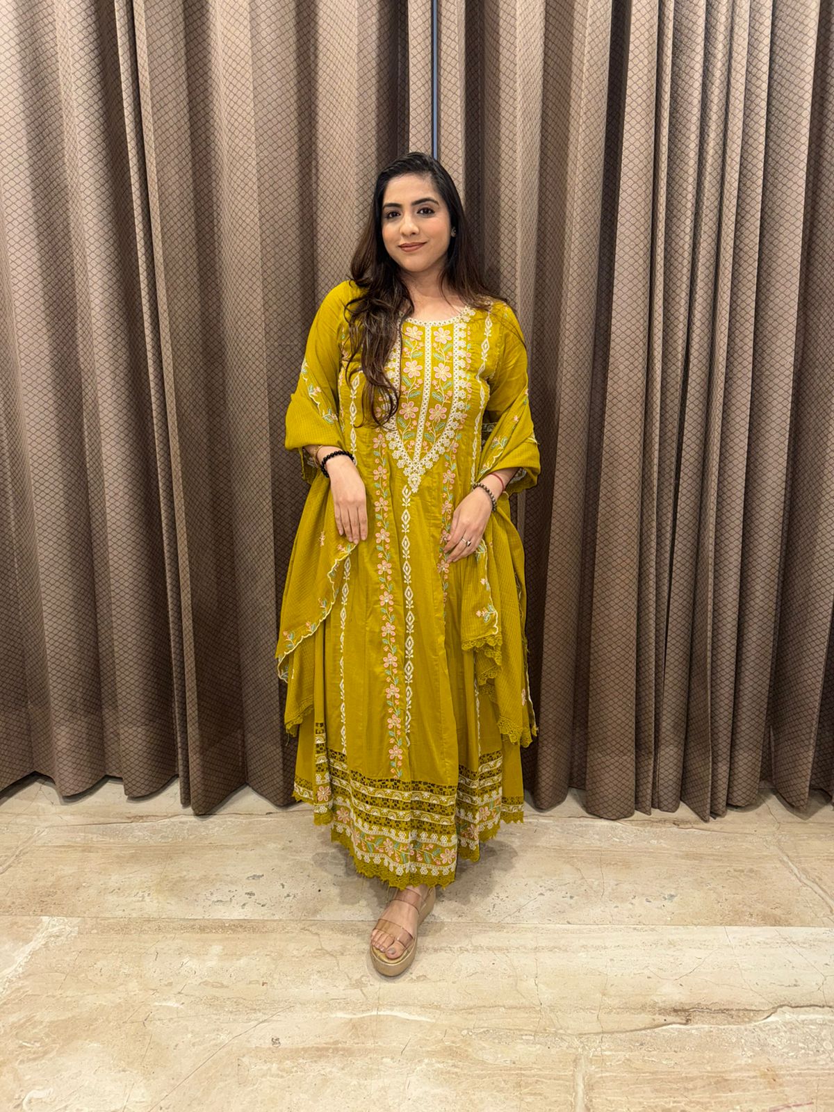 Lime green Embroidered Anarkali Kurta Set with Dupatta
