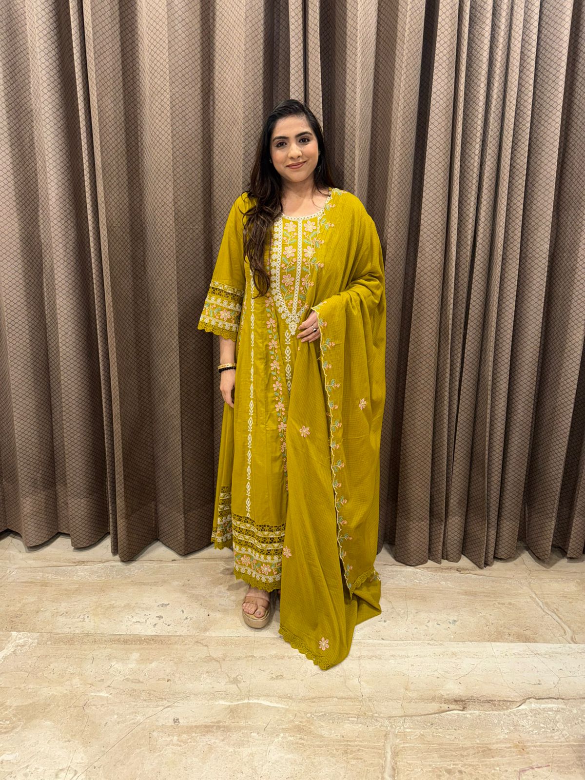 Lime green Embroidered Anarkali Kurta Set with Dupatta