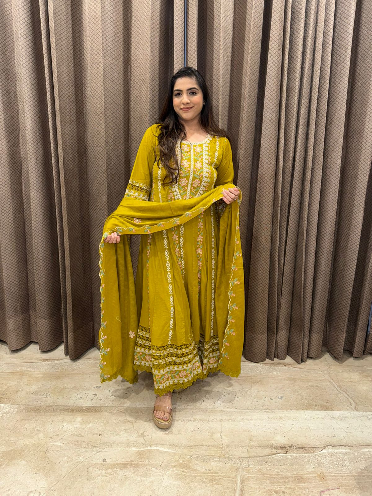 Lime green Embroidered Anarkali Kurta Set with Dupatta