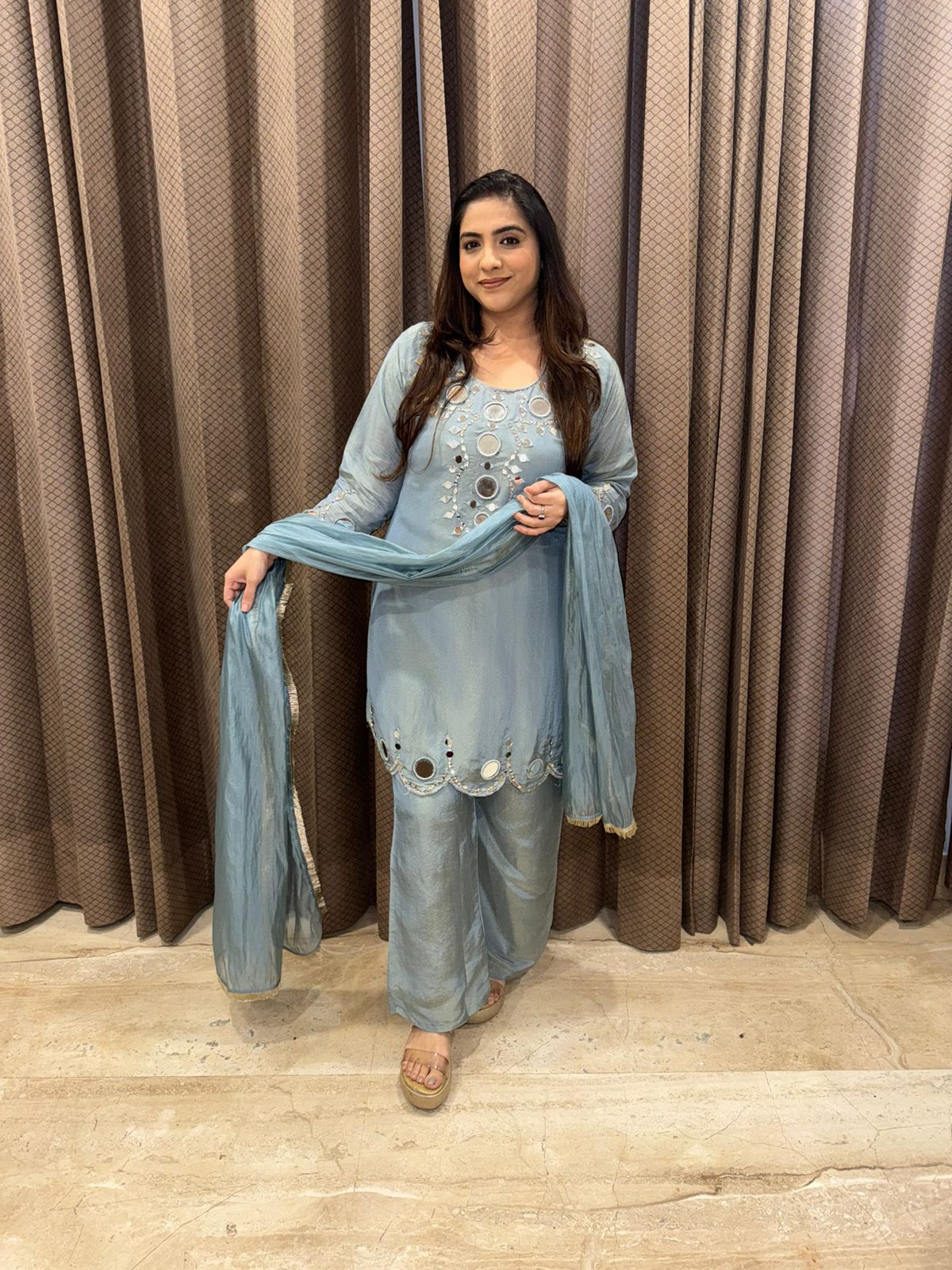 Steel Blue Mirror Work Kurta Set with Palazzo & Dupatta