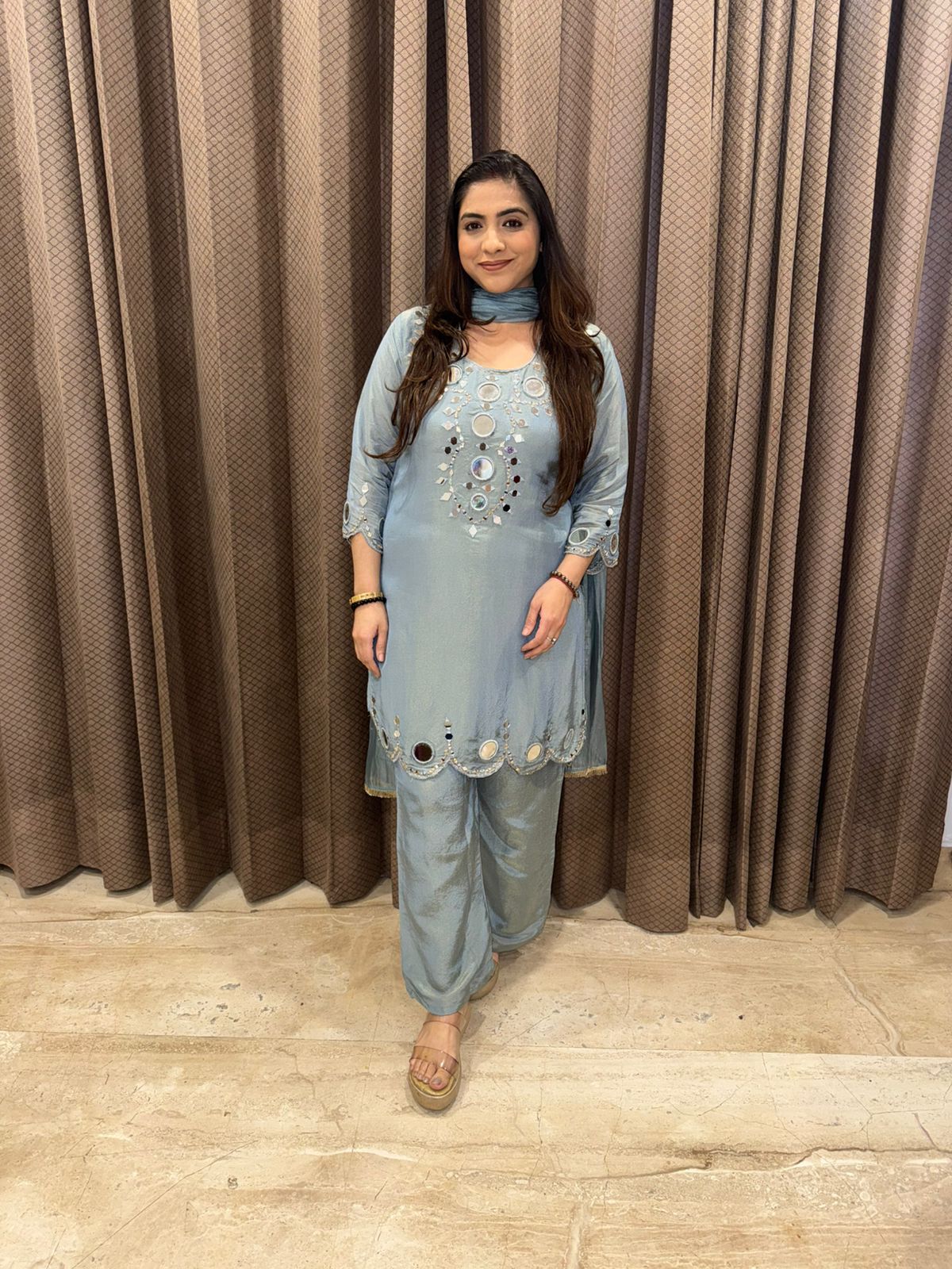 Steel Blue Mirror Work Kurta Set with Palazzo & Dupatta