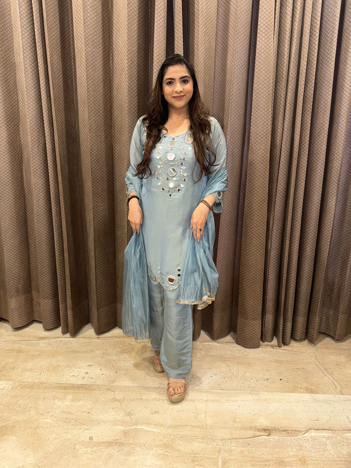 Steel Blue Mirror Work Kurta Set with Palazzo & Dupatta