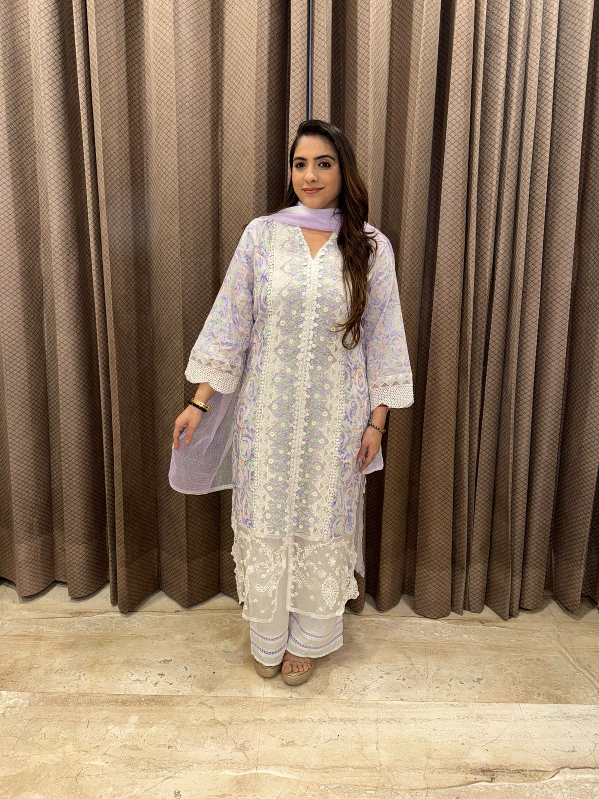 Ivory & Lilac Embroidered Kurta Set with Palazzo & Dupatta