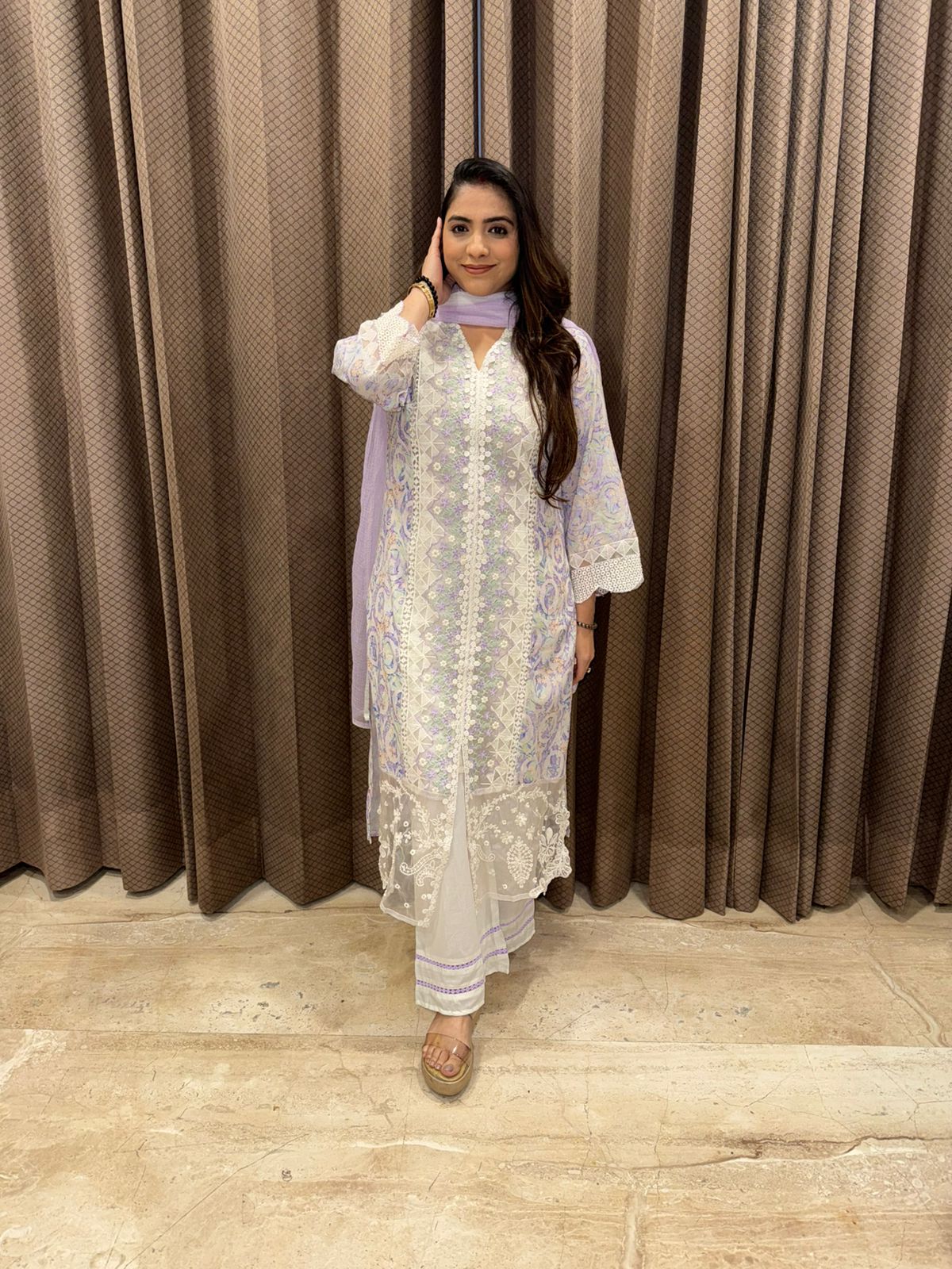 Ivory & Lilac Embroidered Kurta Set with Palazzo & Dupatta