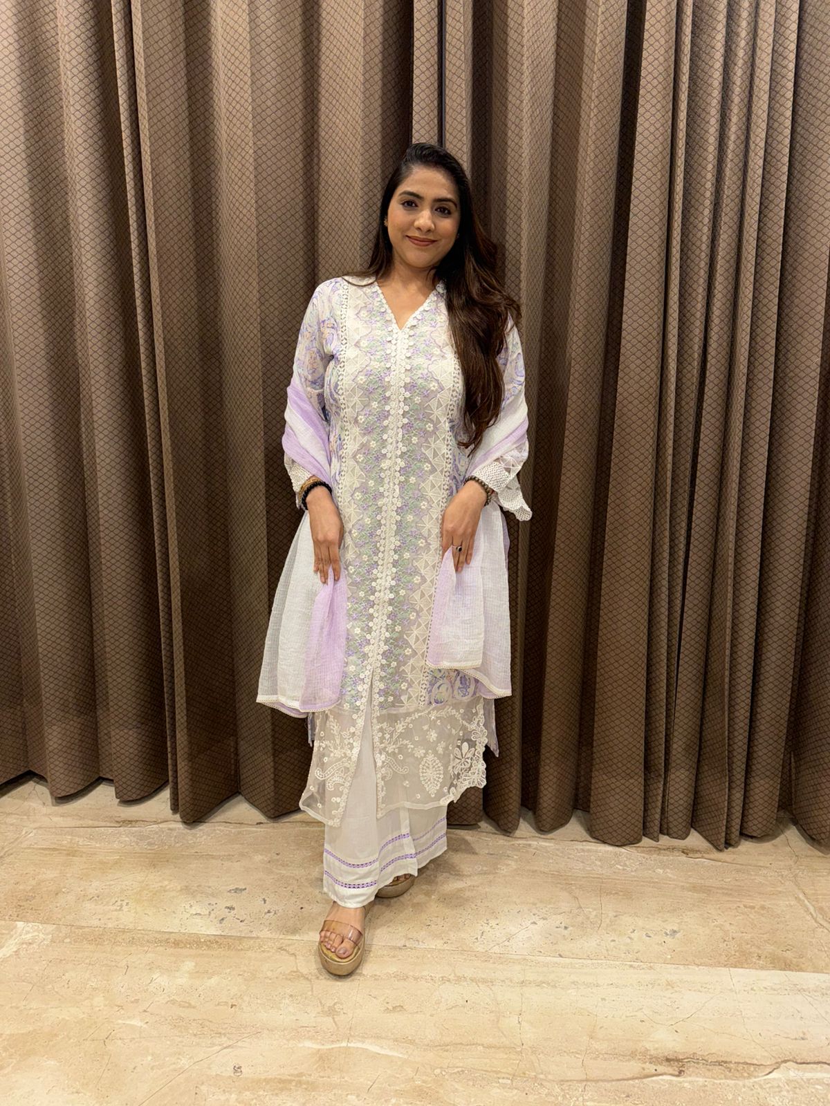 Ivory & Lilac Embroidered Kurta Set with Palazzo & Dupatta