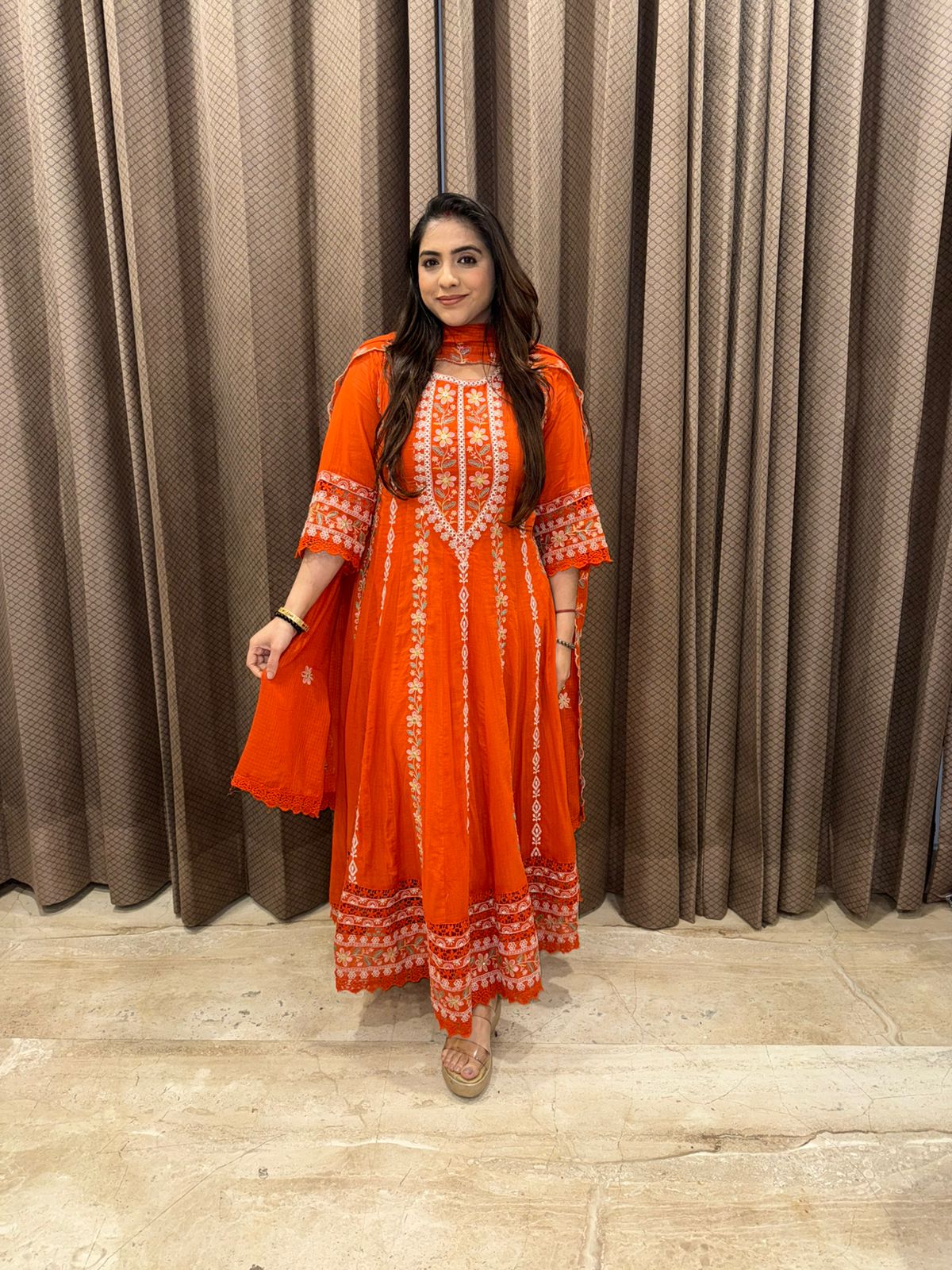 Rust Orange Embroidered Anarkali Kurta Set with Dupatta