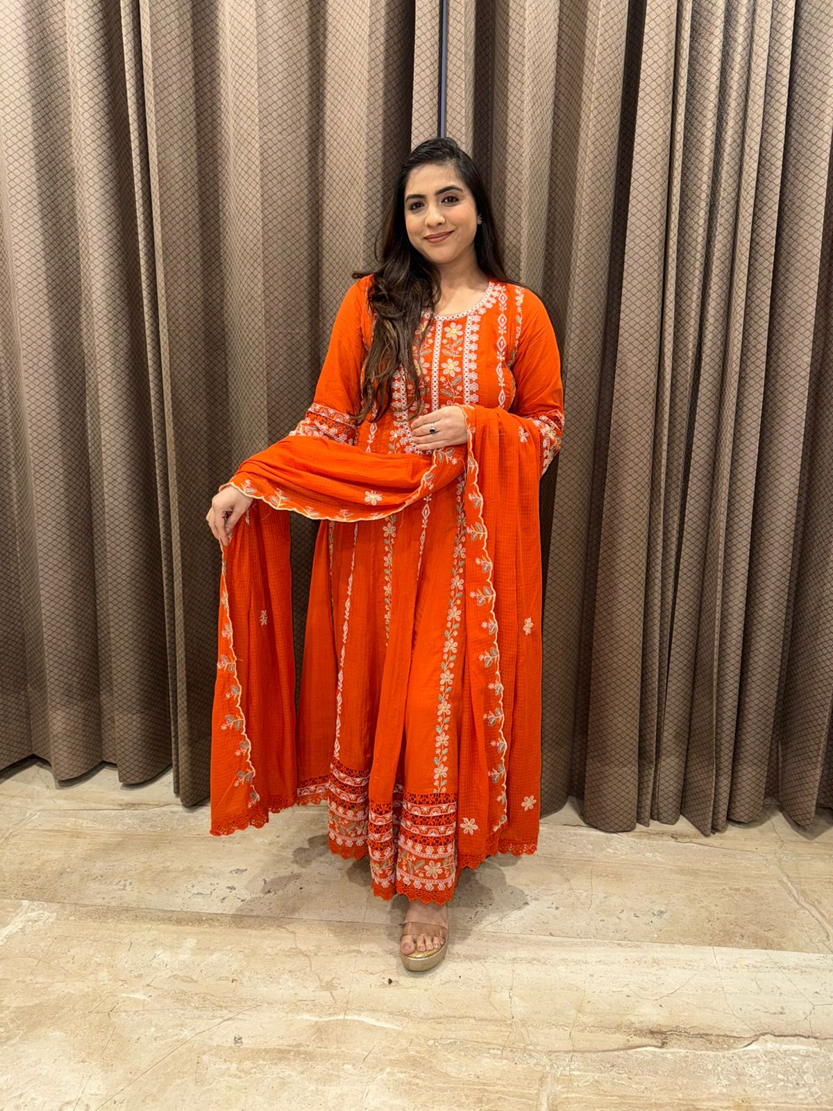 Rust Orange Embroidered Anarkali Kurta Set with Dupatta