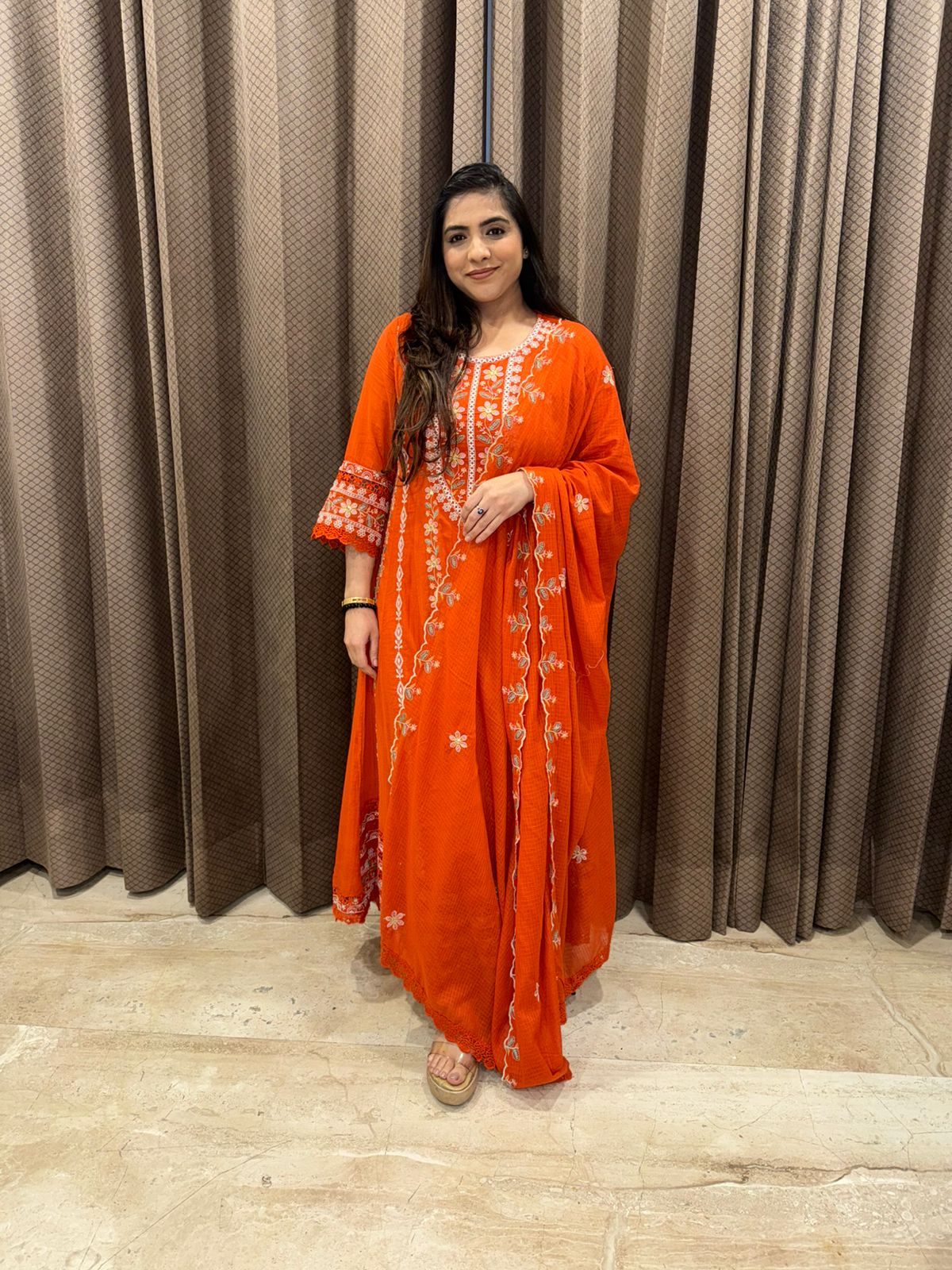 Rust Orange Embroidered Anarkali Kurta Set with Dupatta
