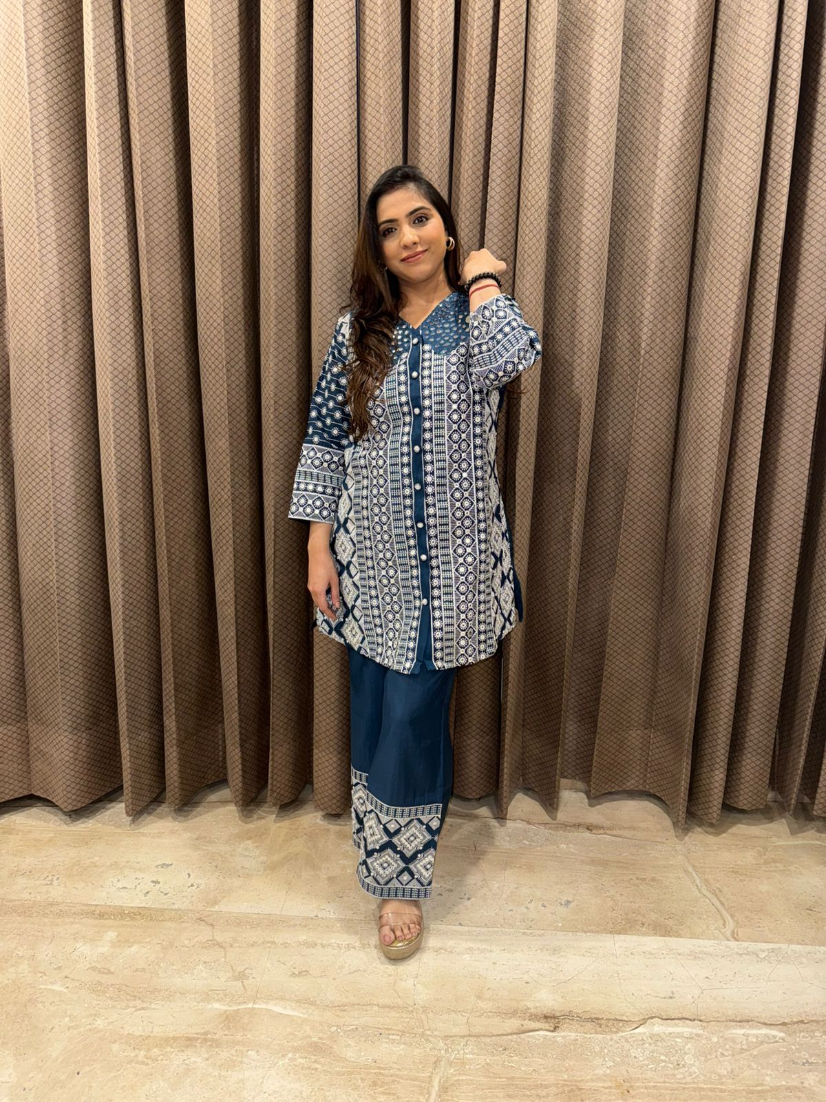 Deep Indigo Blue Geometric Printed kurta Set