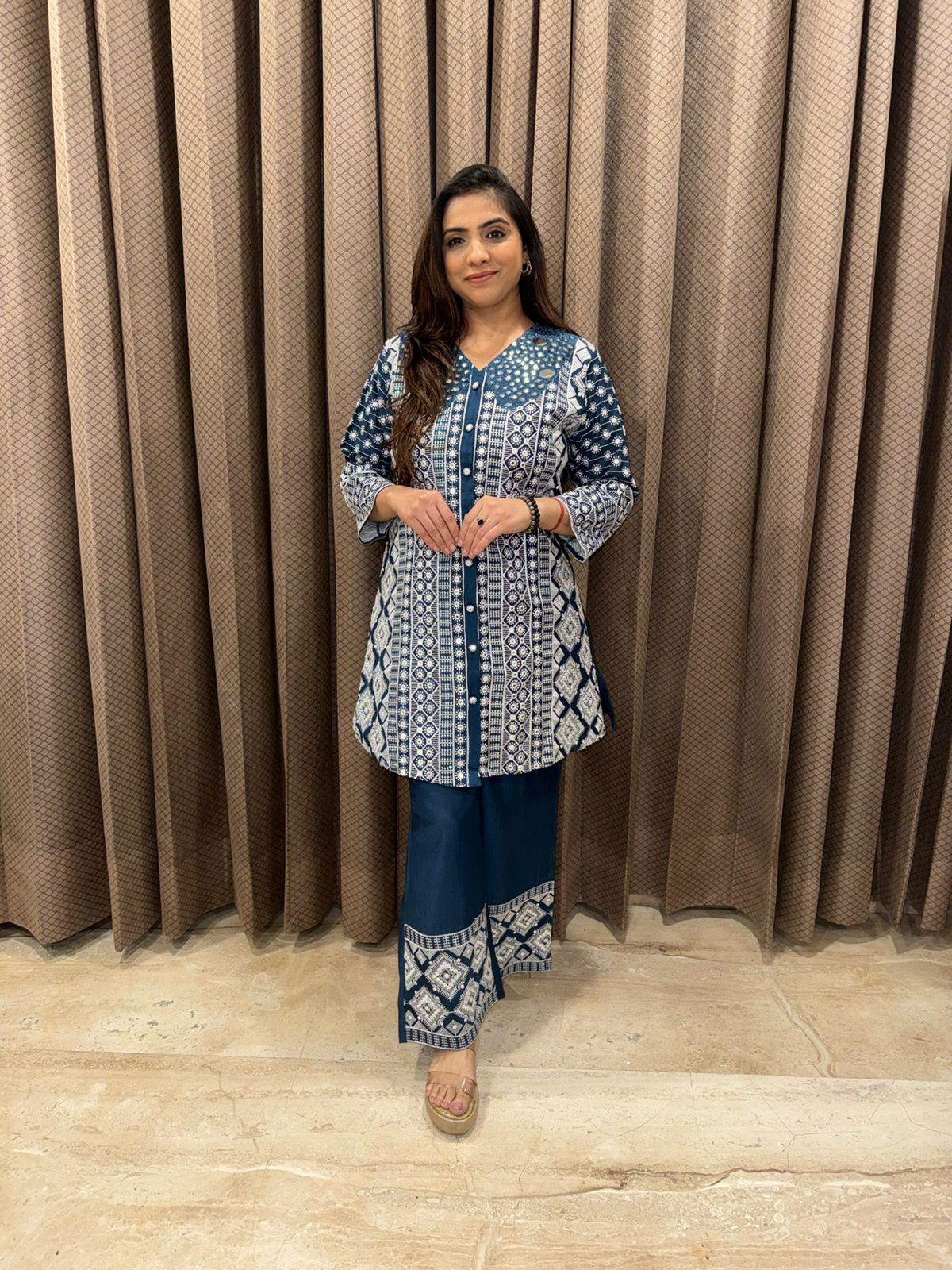Deep Indigo Blue Geometric Printed kurta Set