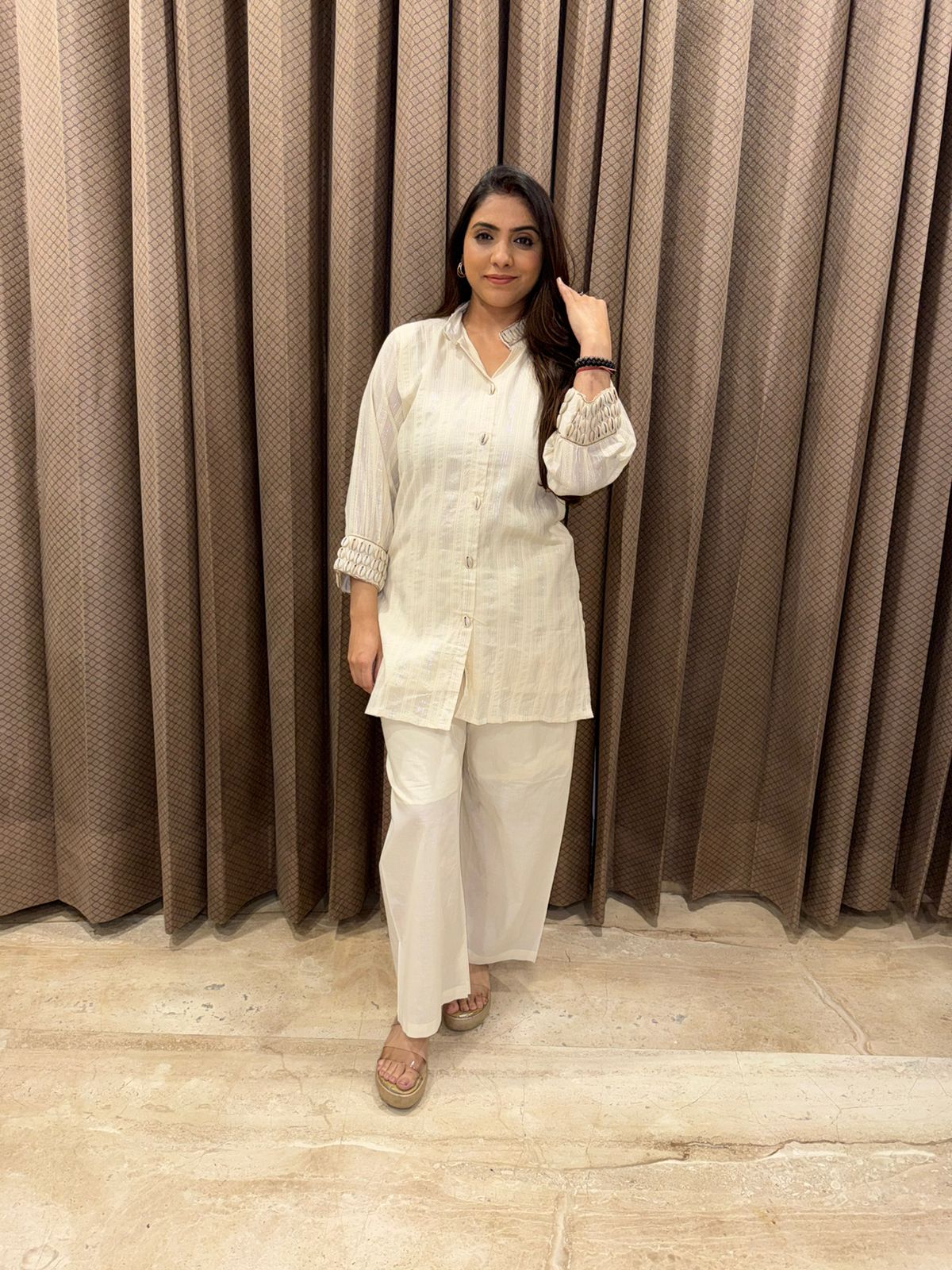 Ivory White Textured Kurta Set with Straight Pants