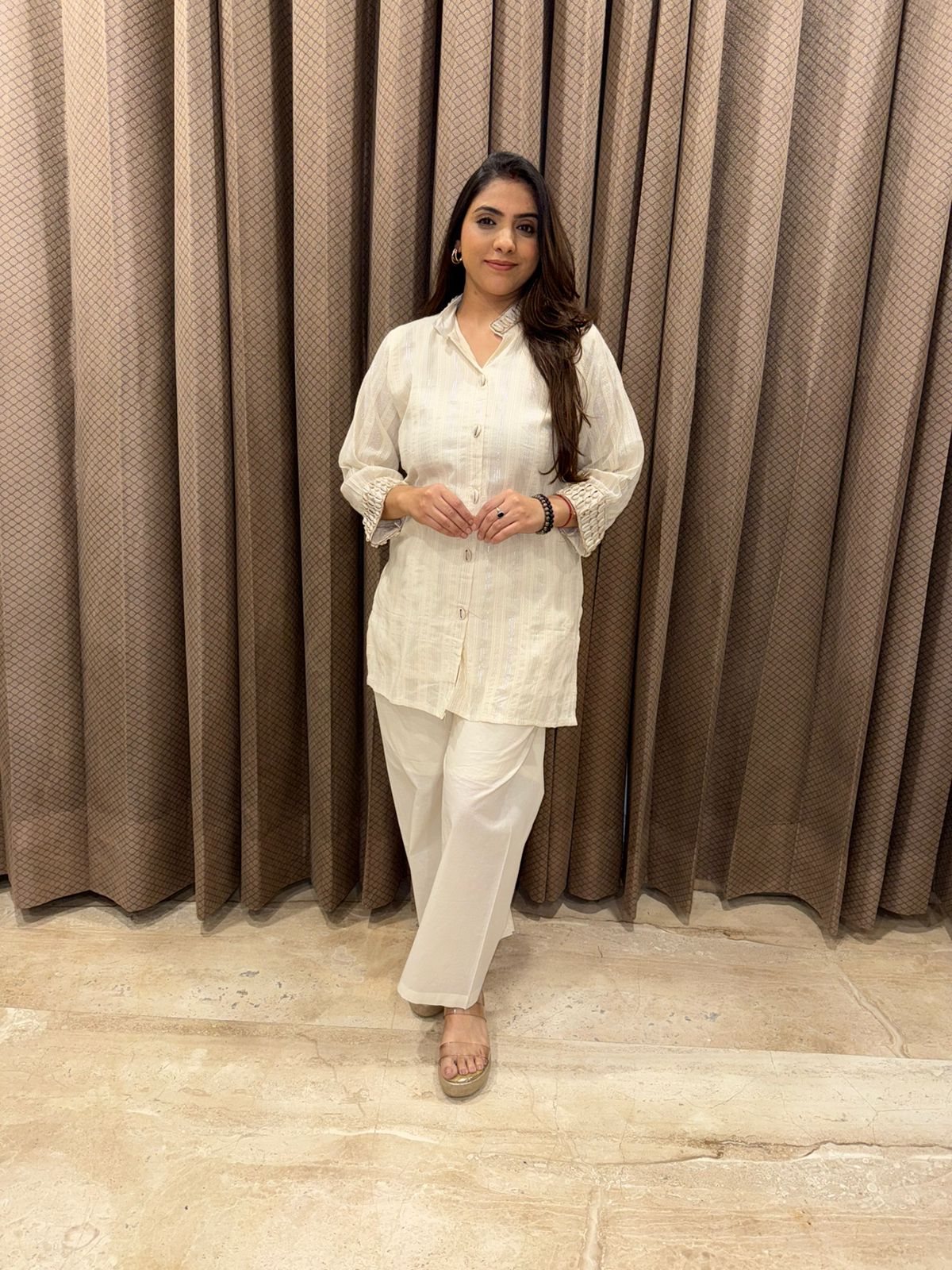 Ivory White Textured Kurta Set with Straight Pants