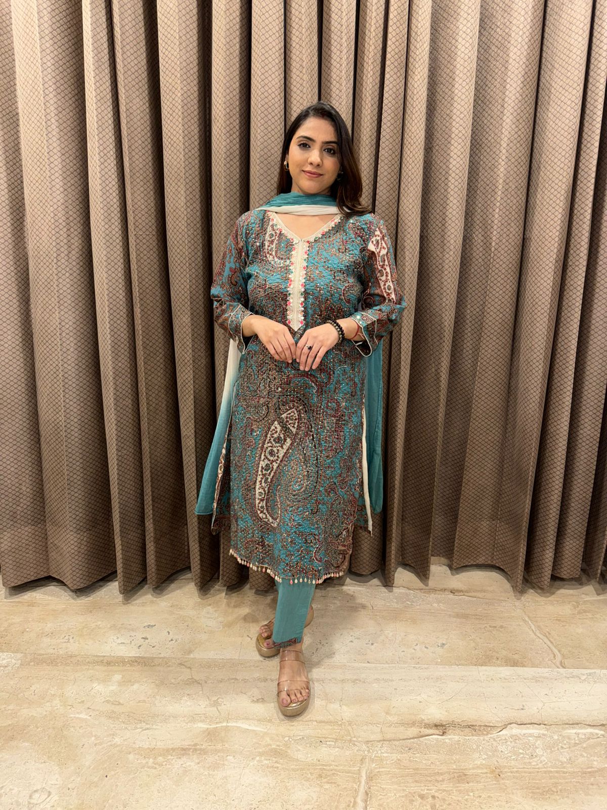 Teal Blue Paisley Printed Kurta Set with Straight Pants & Dupatta