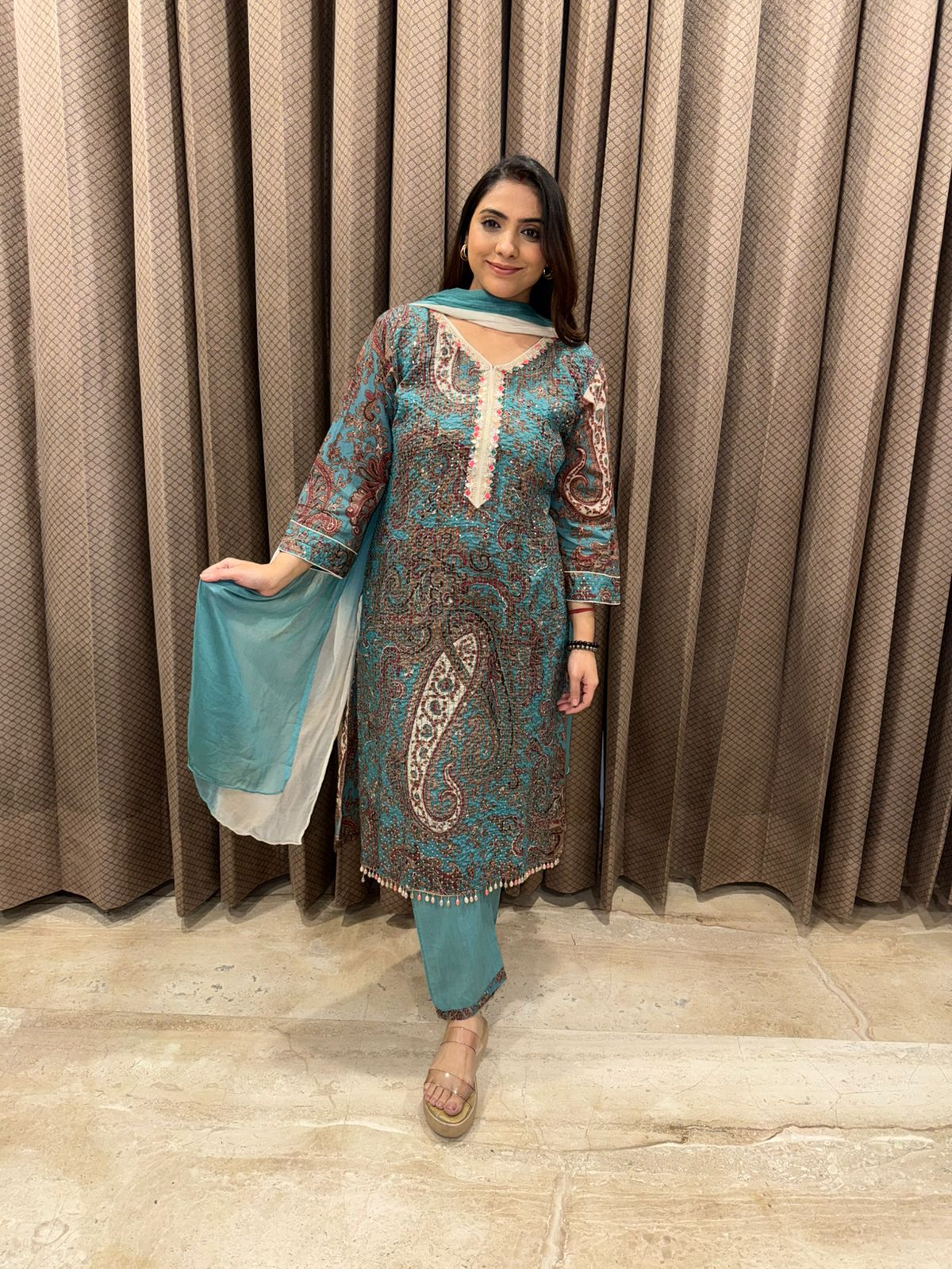 Teal Blue Paisley Printed Kurta Set with Straight Pants & Dupatta