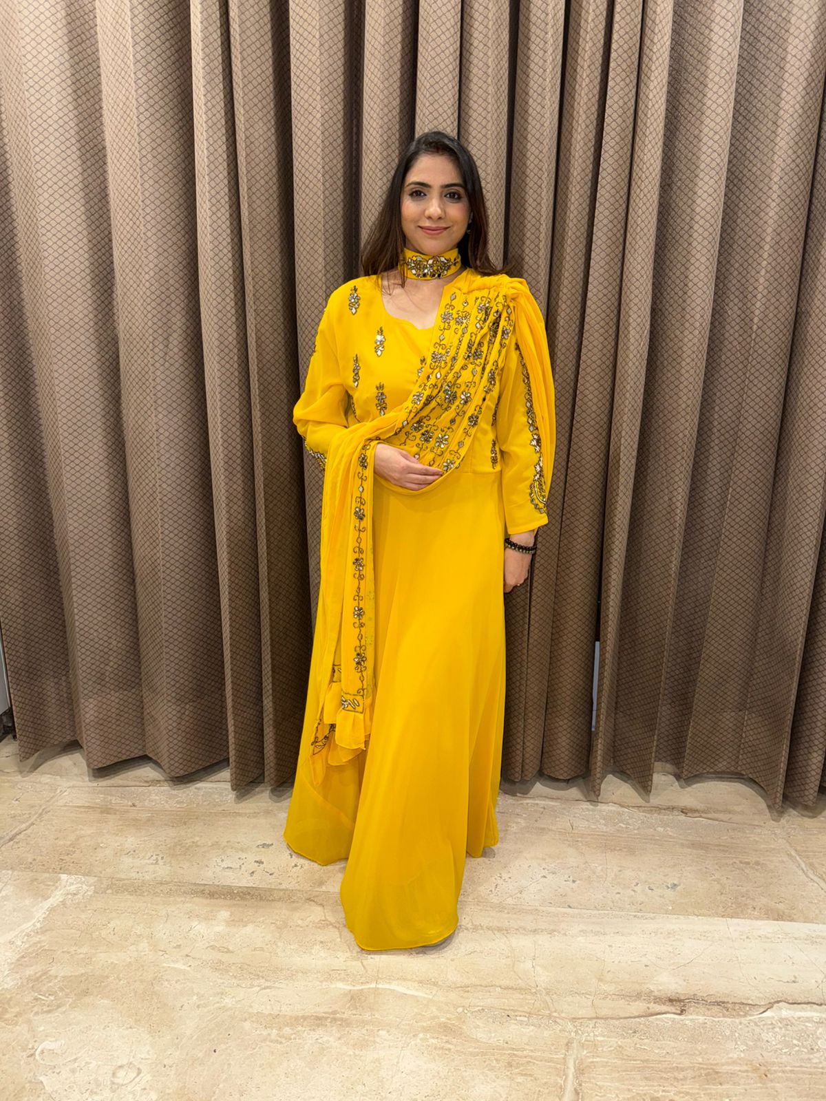 Mustard Yellow Mirror & handwork one piece dress