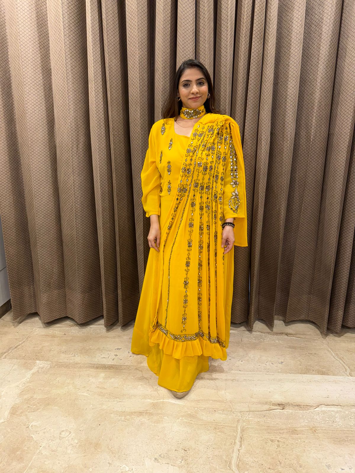 Mustard Yellow Mirror & handwork one piece dress