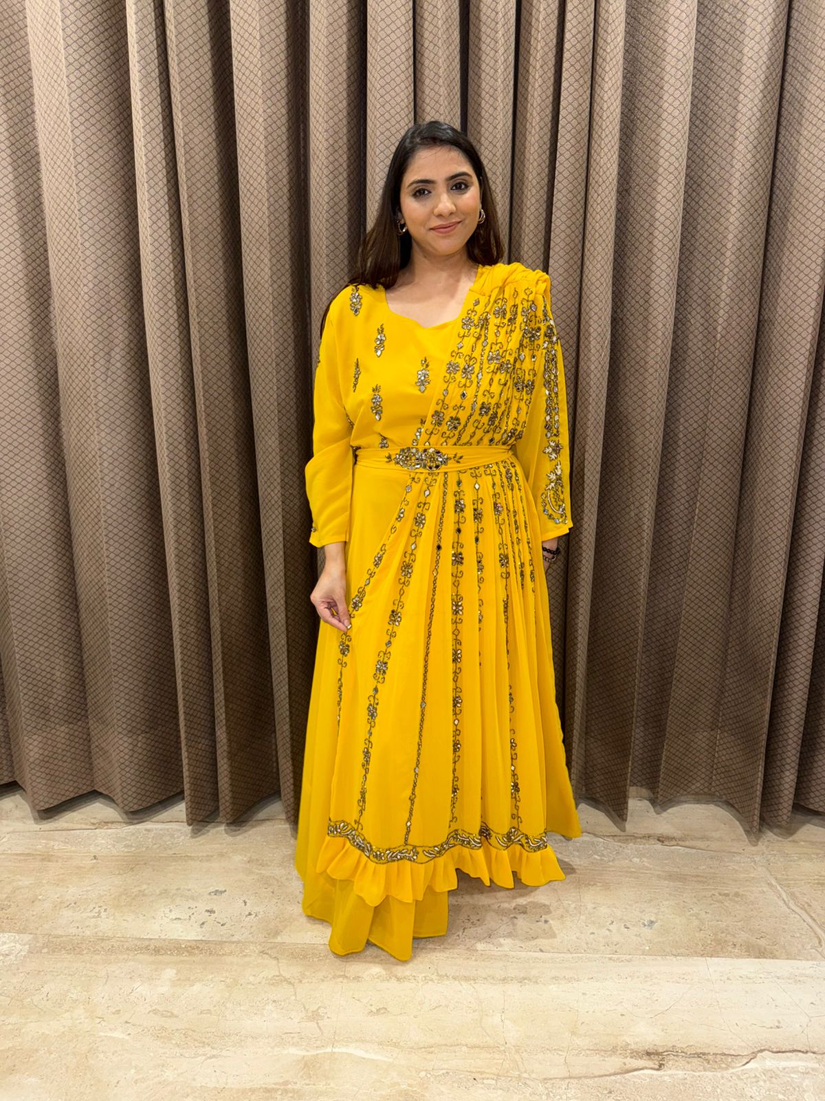 Mustard Yellow Mirror & handwork one piece dress