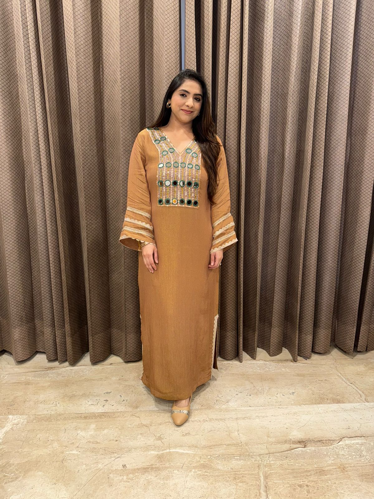 Earthy brown shimmer long dress with Mirror & handwork