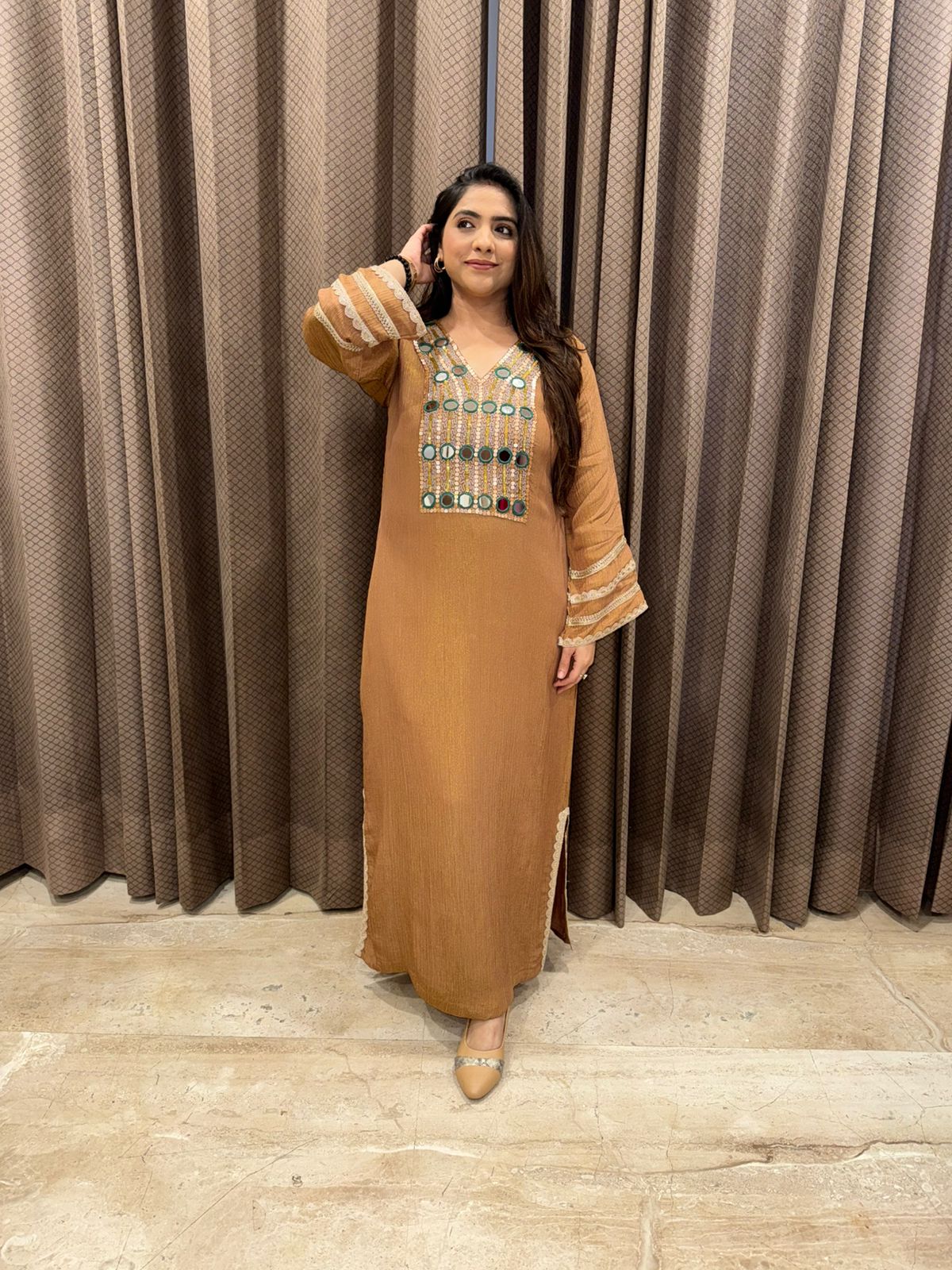 Earthy brown shimmer long dress with Mirror & handwork