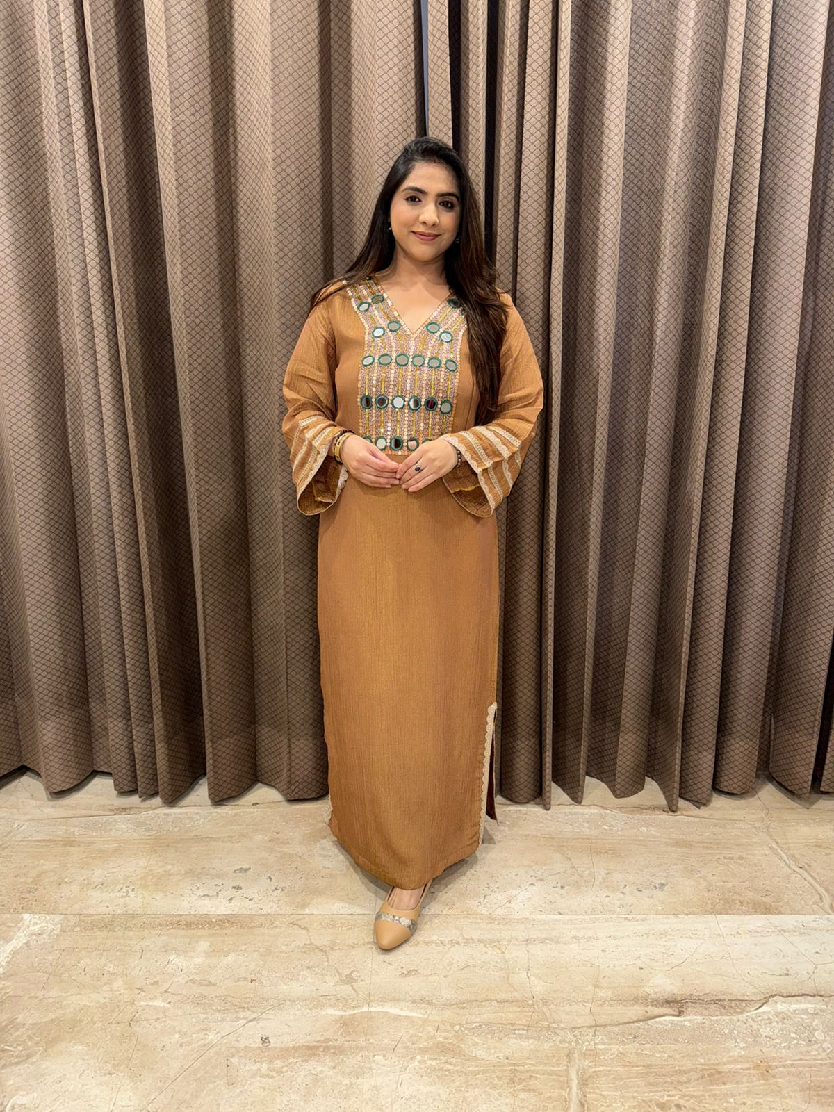 Earthy brown shimmer long dress with Mirror & handwork