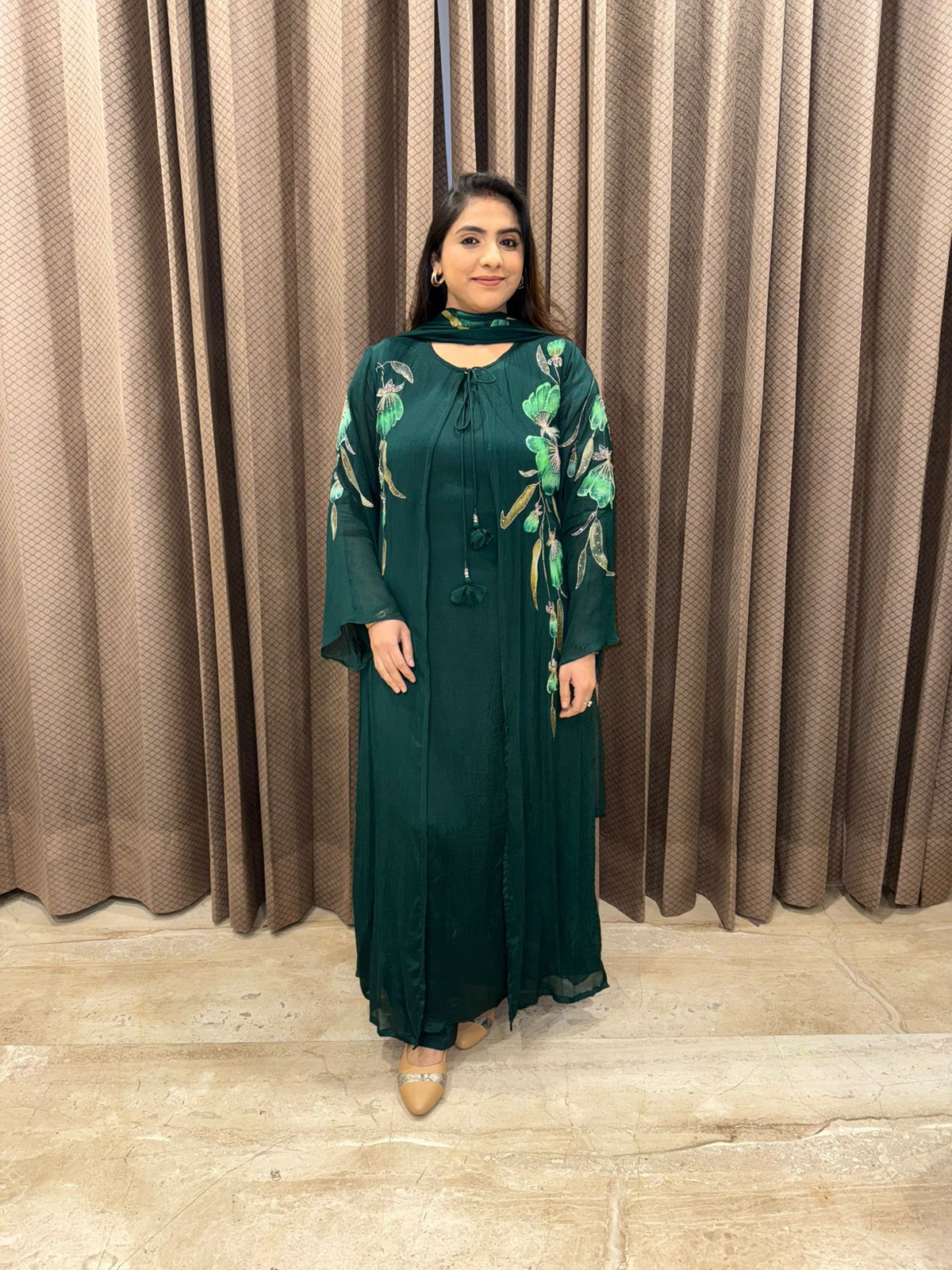 Green Hand-Painted & Embroidered Flowing A line Kurta ,jacket & plazoo