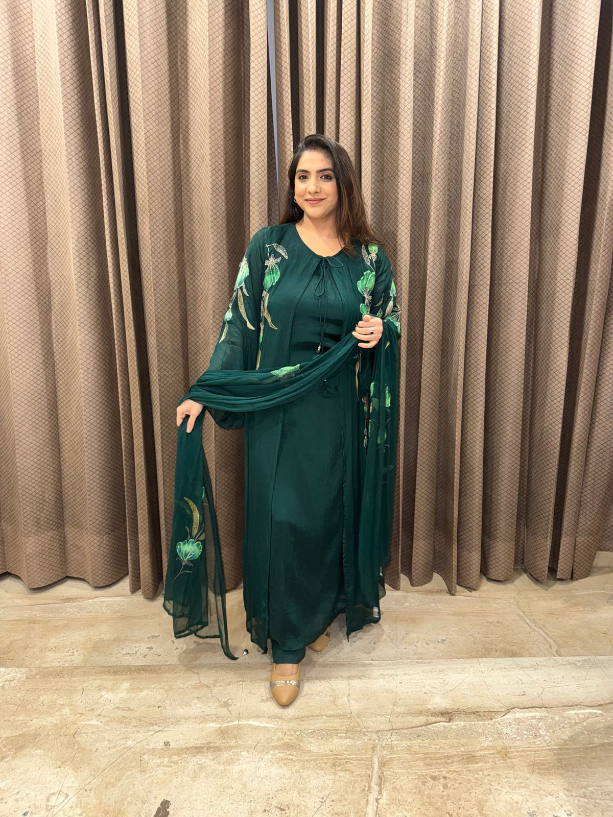 Green Hand-Painted & Embroidered Flowing A line Kurta ,jacket & plazoo