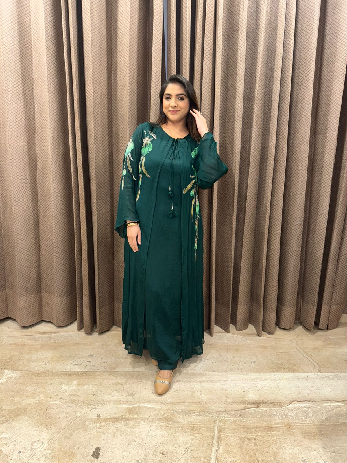 Green Hand-Painted & Embroidered Flowing A line Kurta ,jacket & plazoo