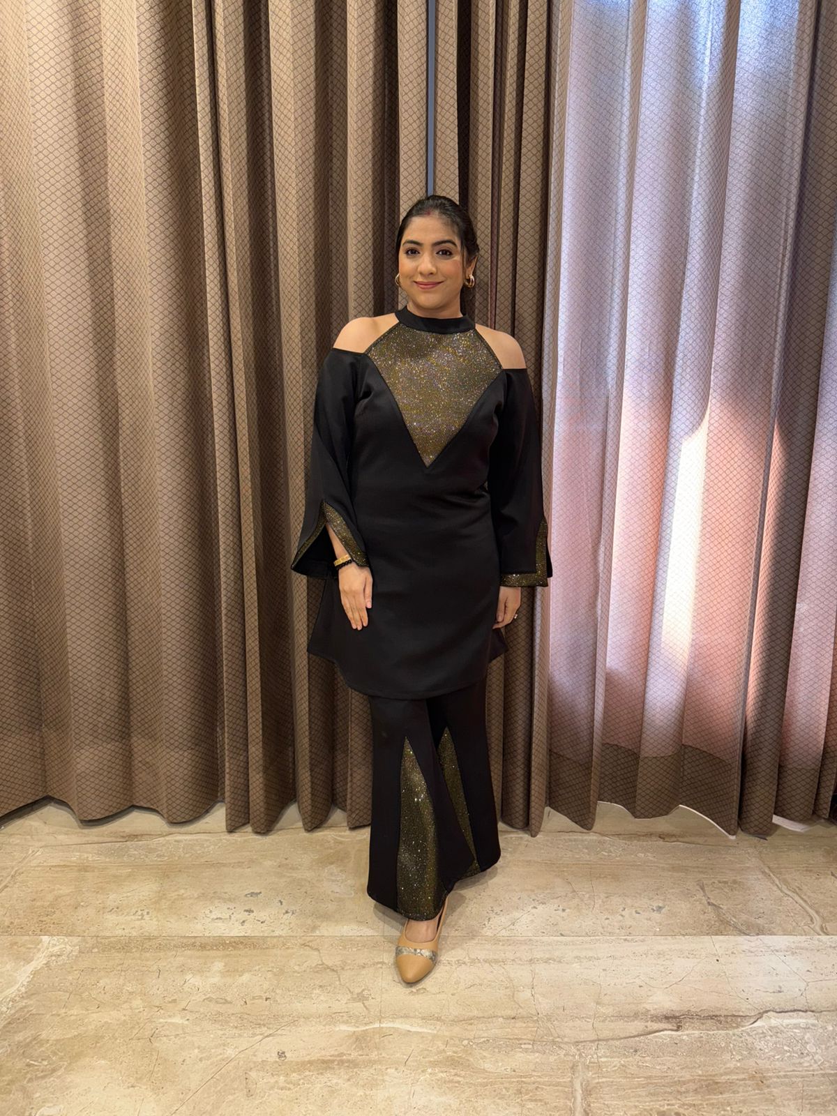 Black & Gold Shimmer Cold-Shoulder top and bell bottom set