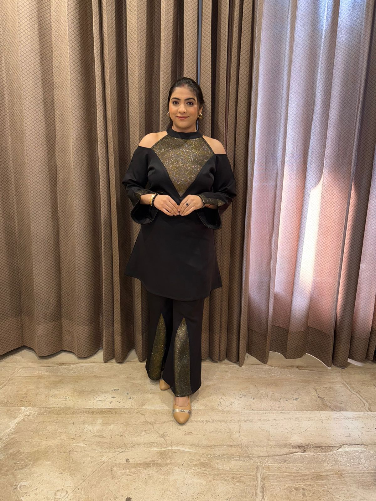 Black & Gold Shimmer Cold-Shoulder top and bell bottom set