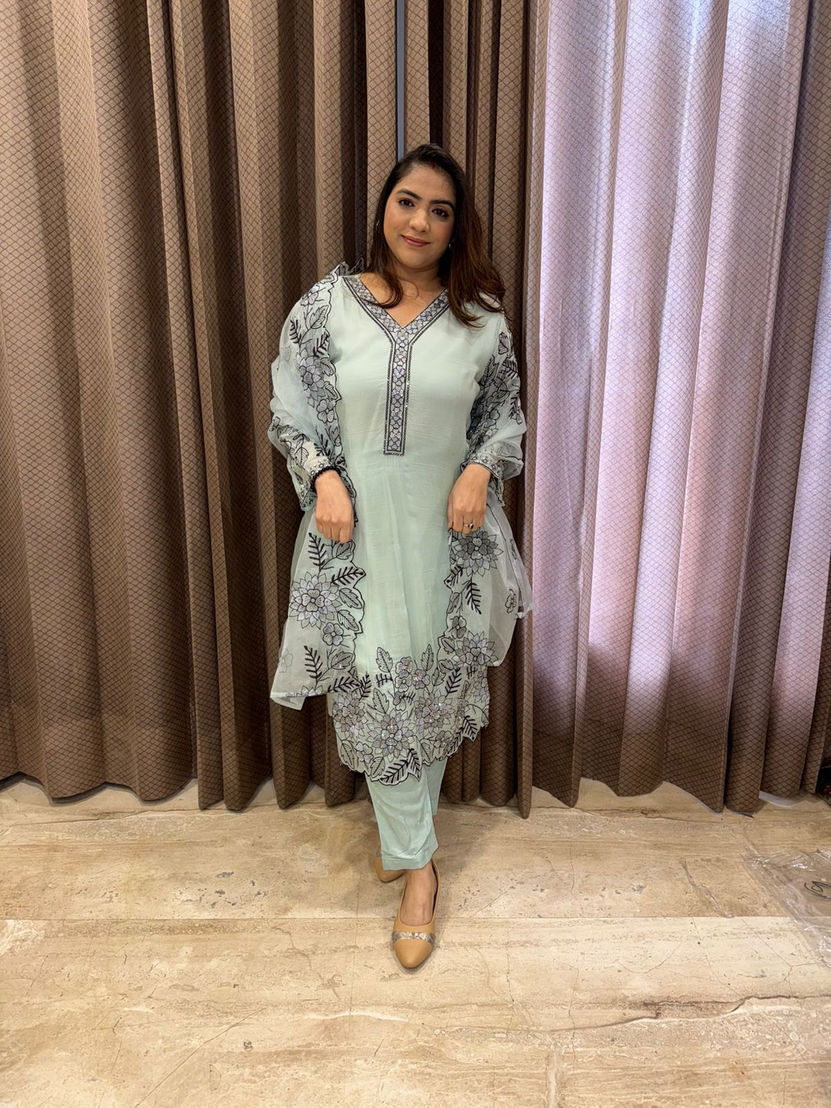 Mint Green Floral Embroidered Kurta Pant Set