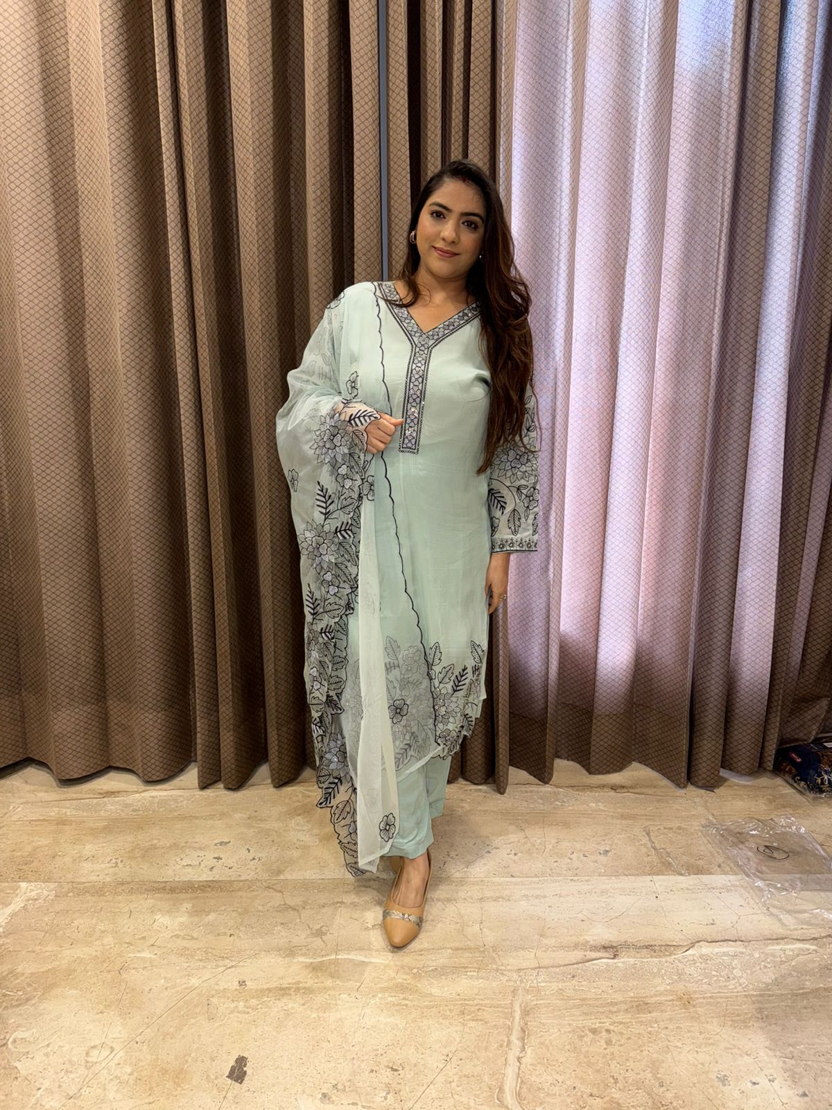 Mint Green Floral Embroidered Kurta Pant Set