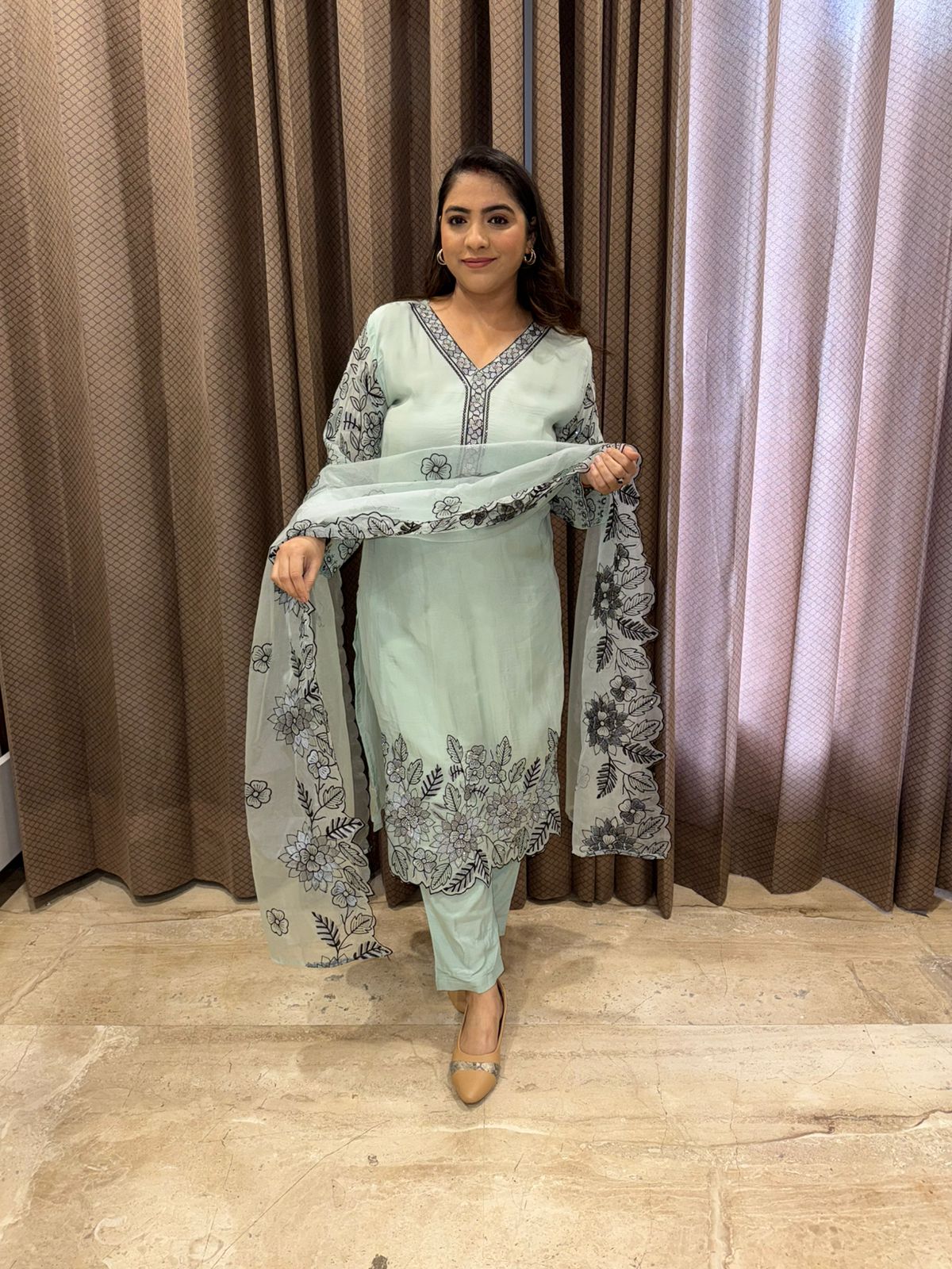 Mint Green Floral Embroidered Kurta Pant Set