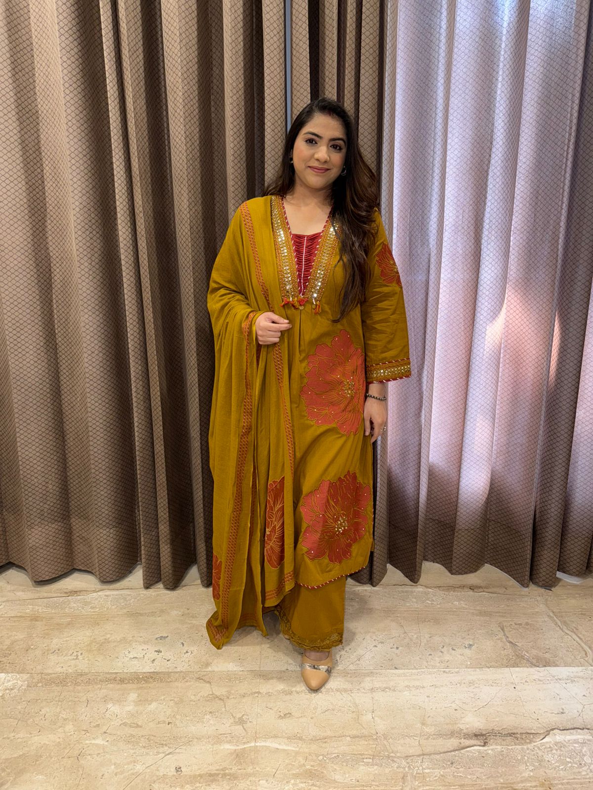 Mustard Yellow Designer Floral Embellished Kurta with plazoo & dupatta