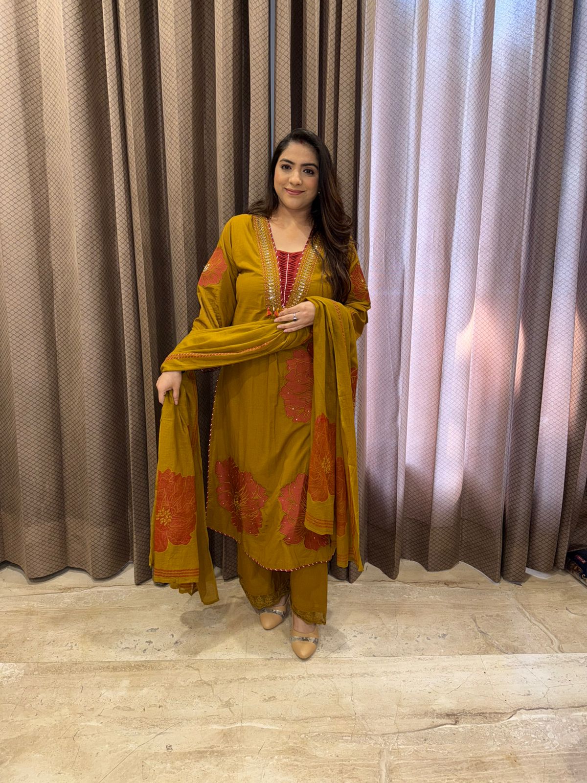 Mustard Yellow Designer Floral Embellished Kurta with plazoo & dupatta