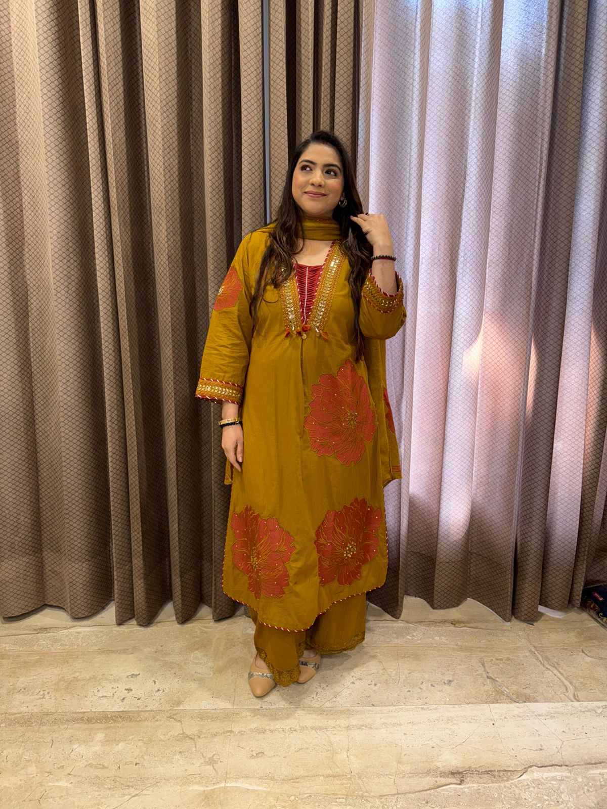 Mustard Yellow Designer Floral Embellished Kurta with plazoo & dupatta