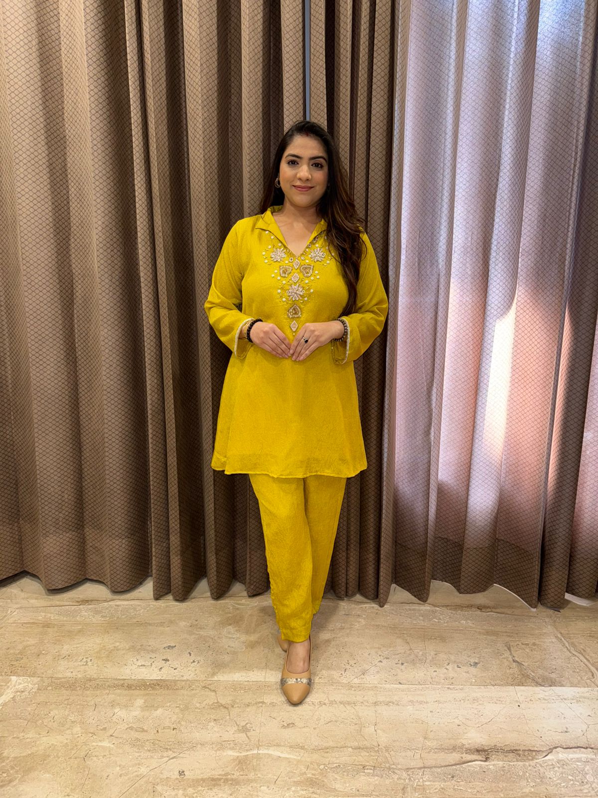 Yellow hand Embroidered Kurta & Pant Set