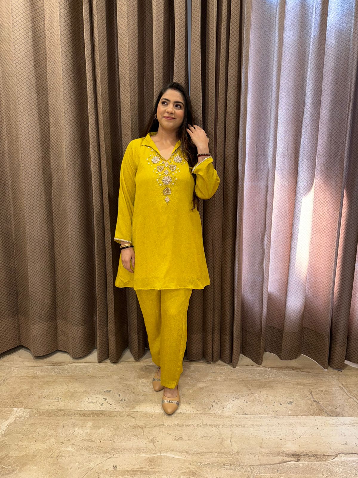 Yellow hand Embroidered Kurta & Pant Set