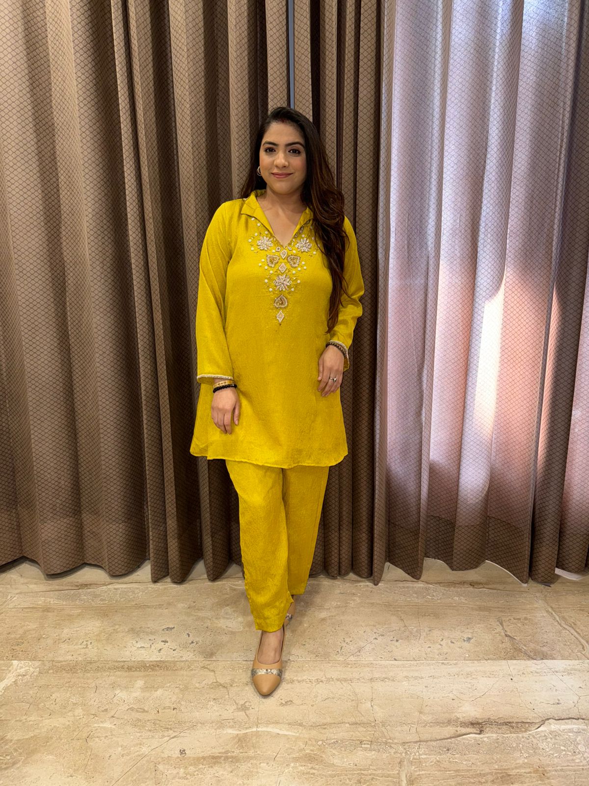 Yellow hand Embroidered Kurta & Pant Set
