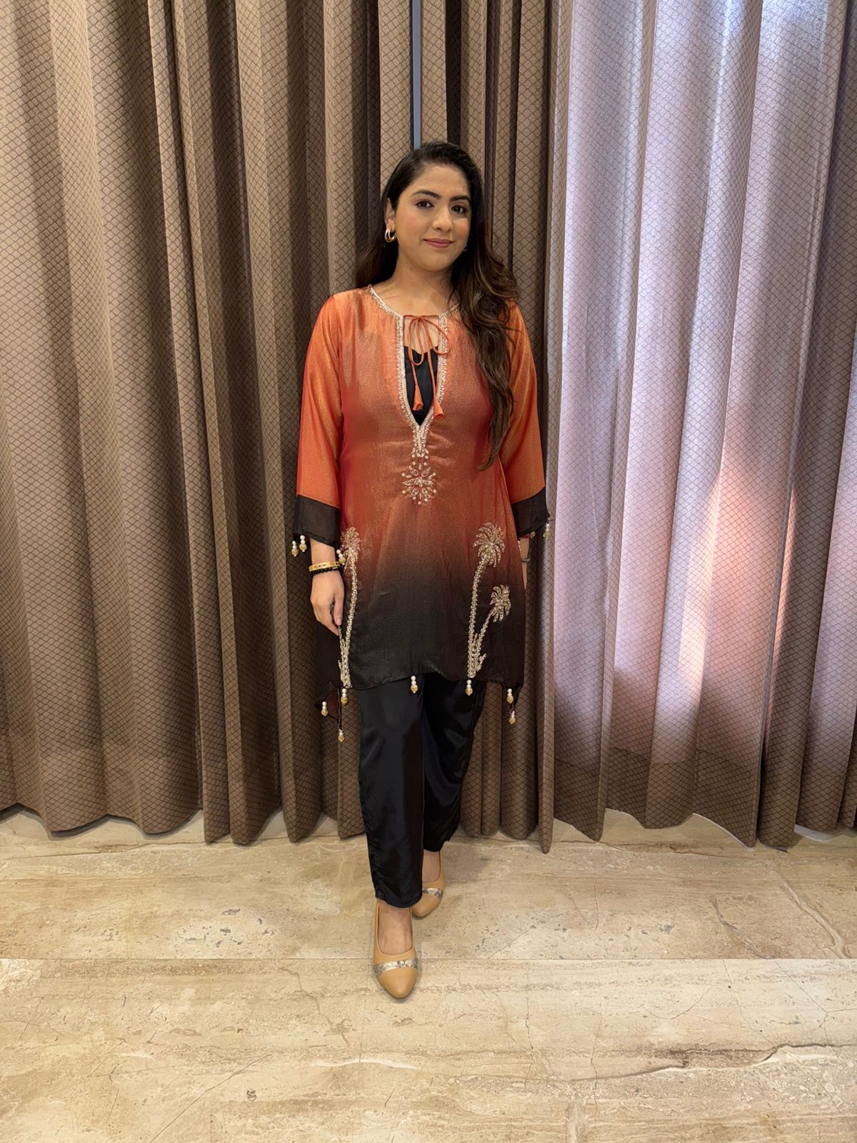 Rust Black Designer Ombre Kurta with Pants