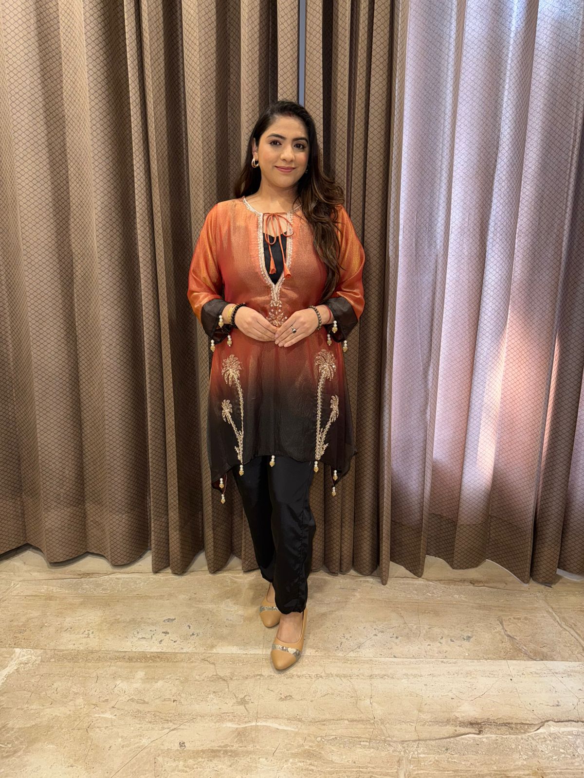 Rust Black Designer Ombre Kurta with Pants