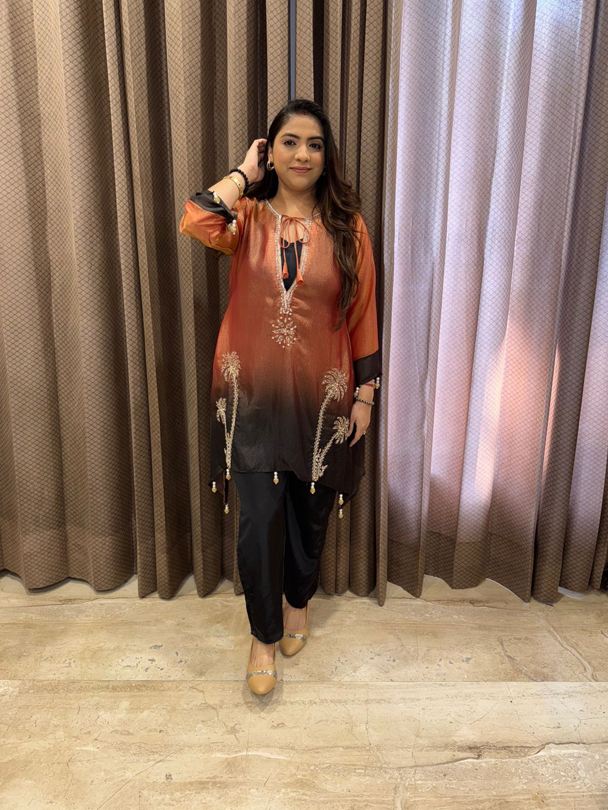Rust Black Designer Ombre Kurta with Pants