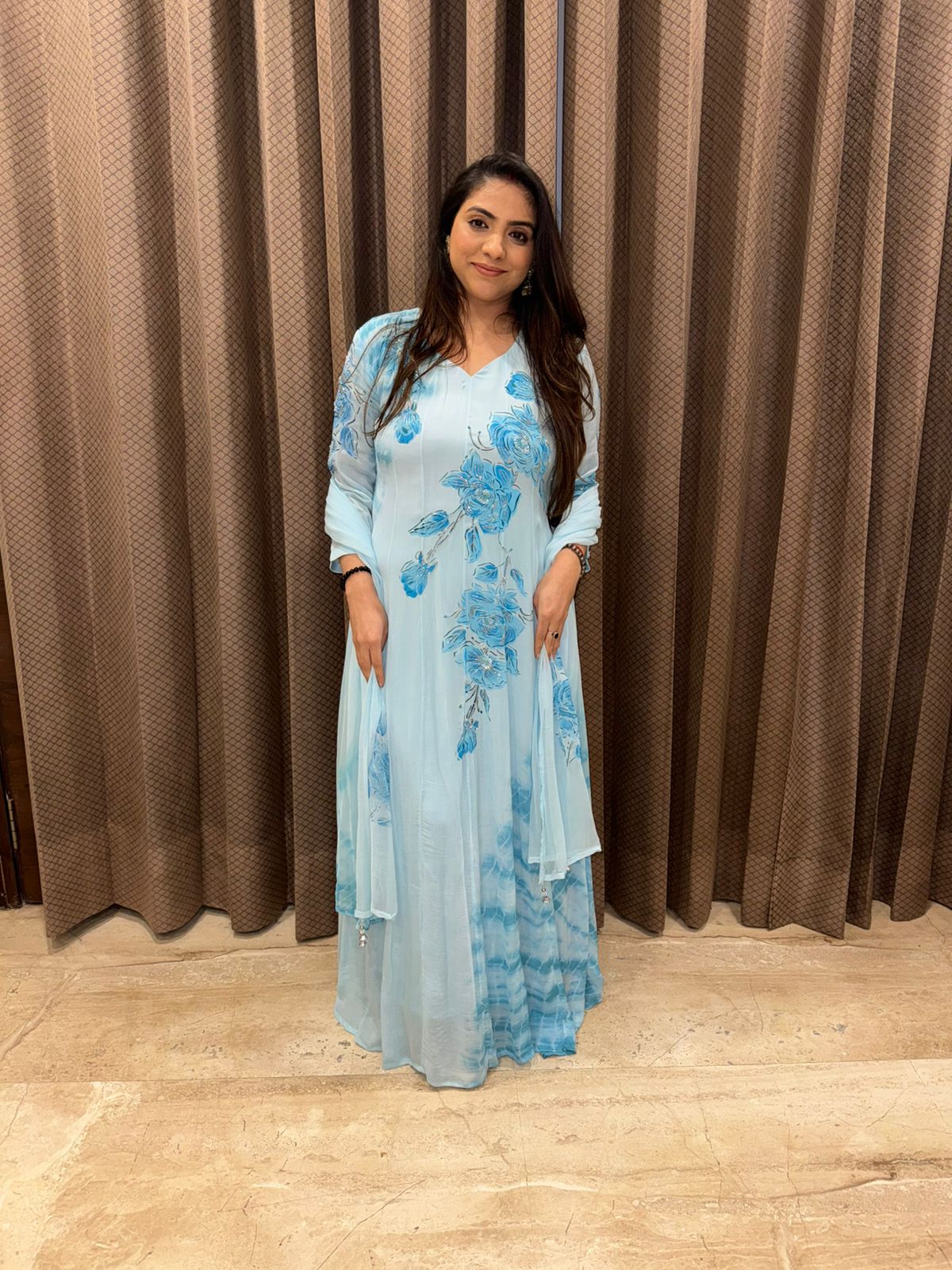 Powder Blue Floral Brushpainted with Handwork shibori Anarkali Set with dupatta