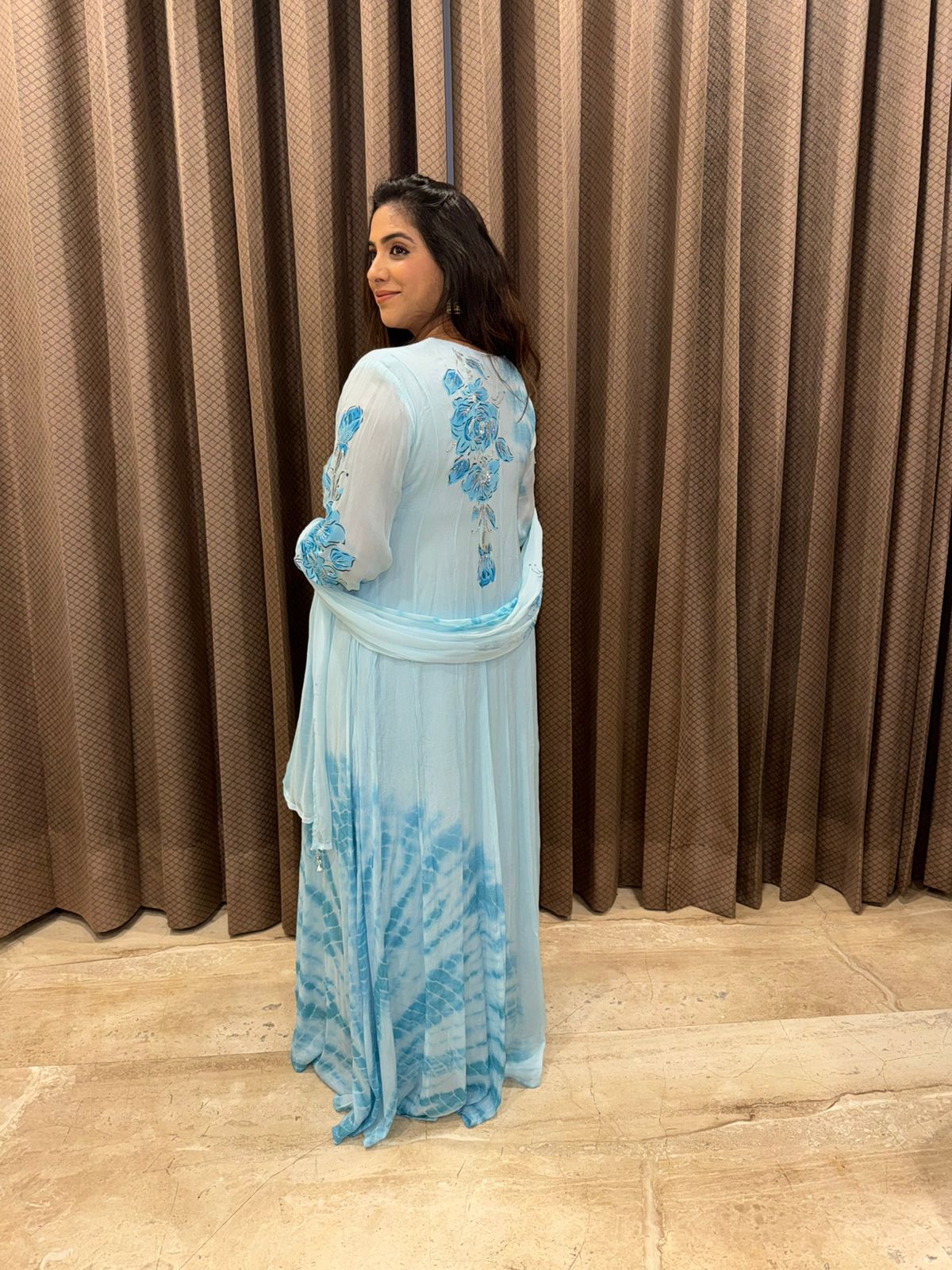 Powder Blue Floral Brushpainted with Handwork shibori Anarkali Set with dupatta