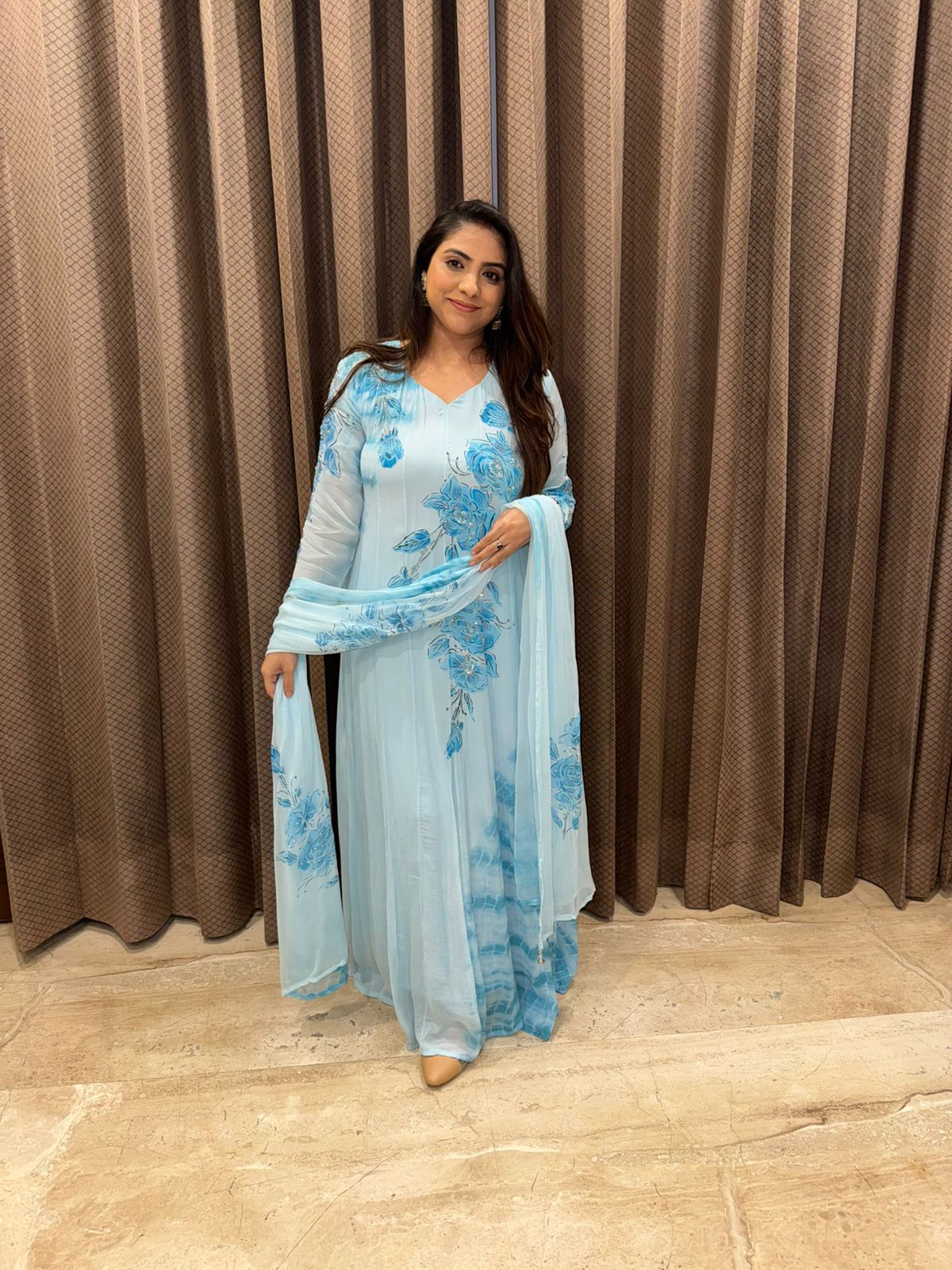 Powder Blue Floral Brushpainted with Handwork shibori Anarkali Set with dupatta