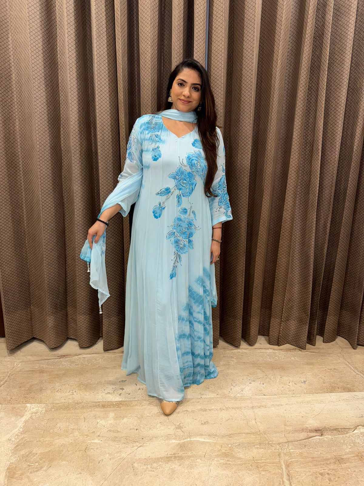 Powder Blue Floral Brushpainted with Handwork shibori Anarkali Set with dupatta