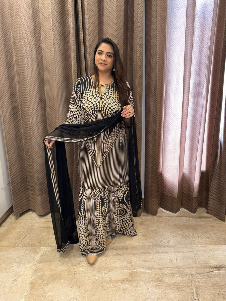 Black & Ivory Printed Kurta garara set with Dupatta