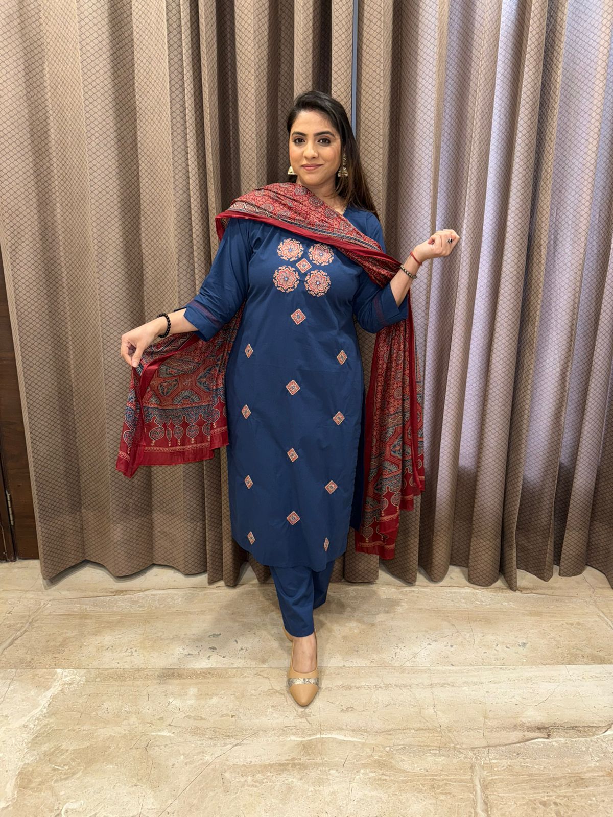 Royal Blue Embroidered Kurta Set with Contrast Ajrakh Dupatta