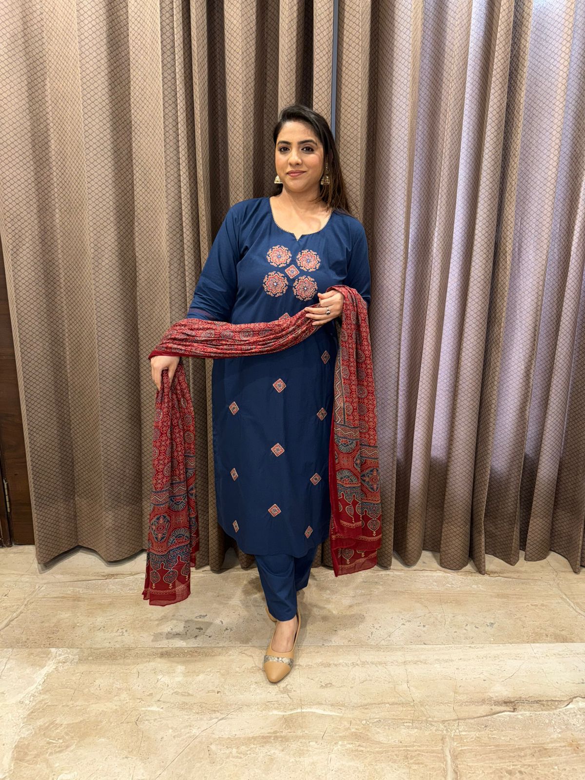 Royal Blue Embroidered Kurta Set with Contrast Ajrakh Dupatta