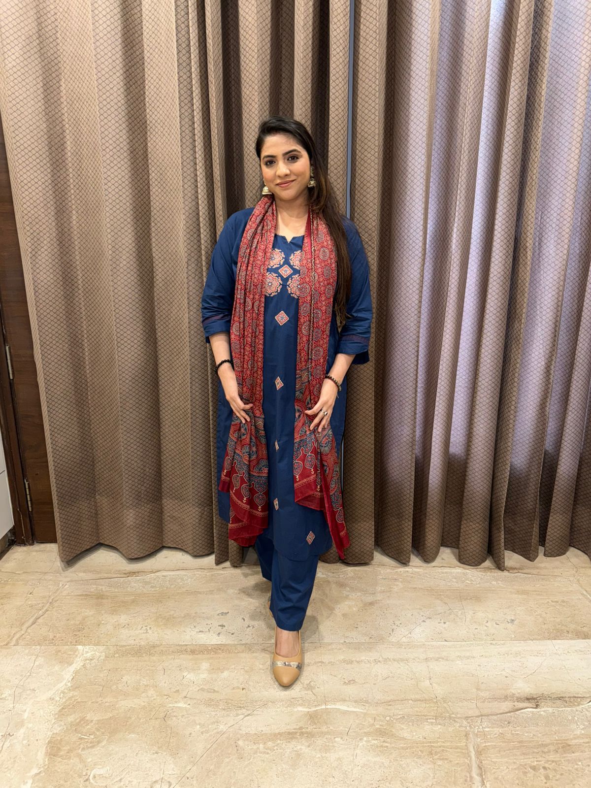 Royal Blue Embroidered Kurta Set with Contrast Ajrakh Dupatta